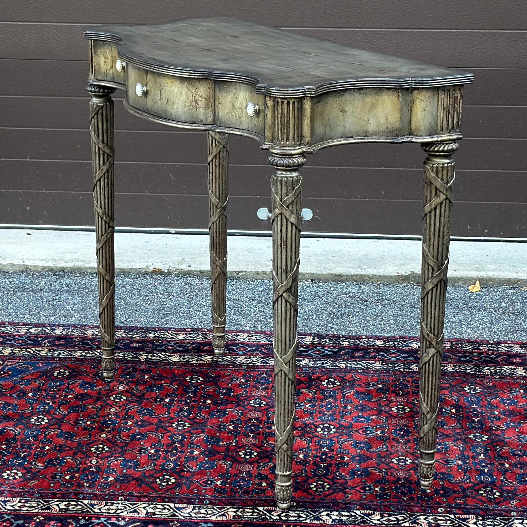 Louis XVI Maitland-Smith Silver Leaf Serpentine Console Table With Three Drawers For Sale