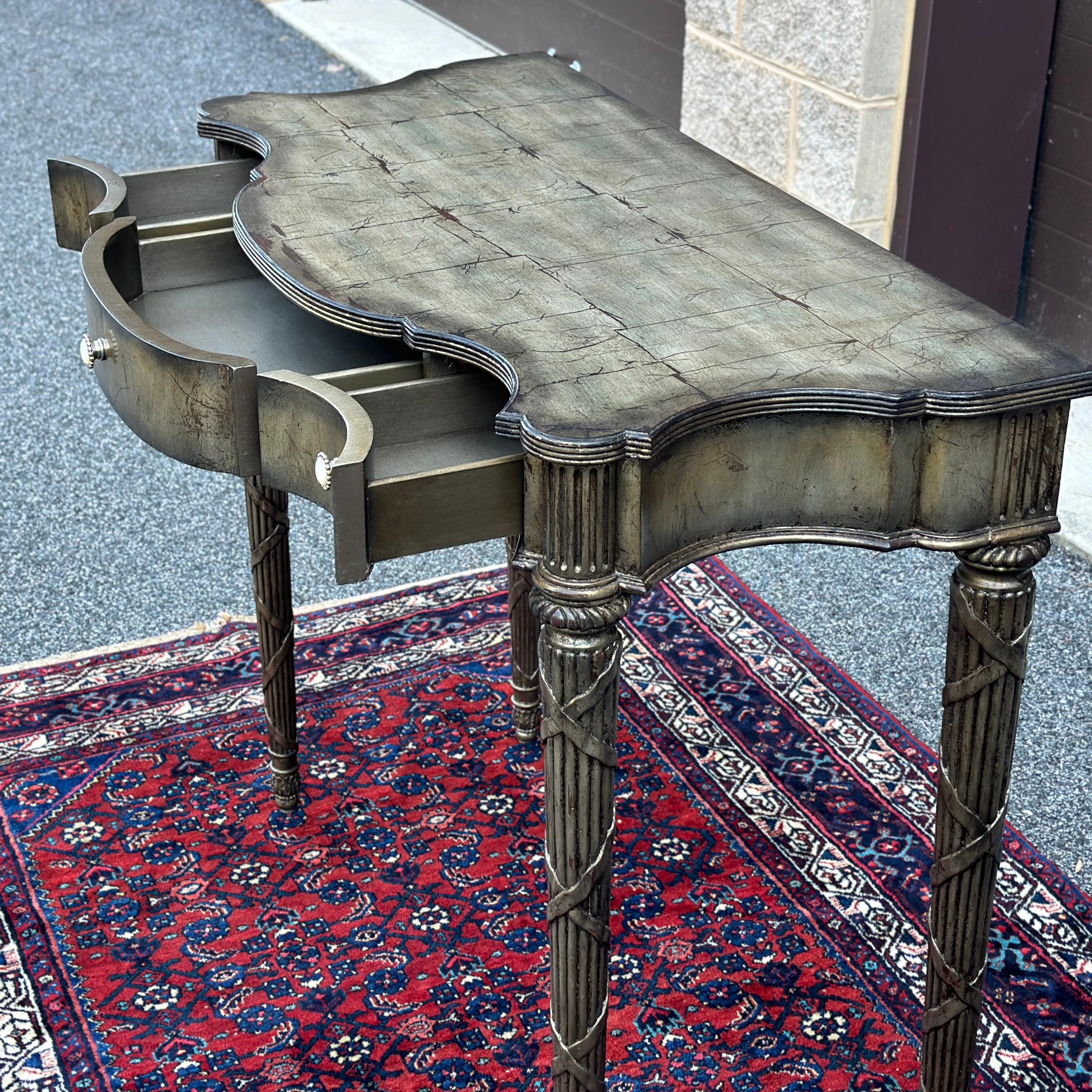 Philippine Maitland-Smith Silver Leaf Serpentine Console Table With Three Drawers For Sale