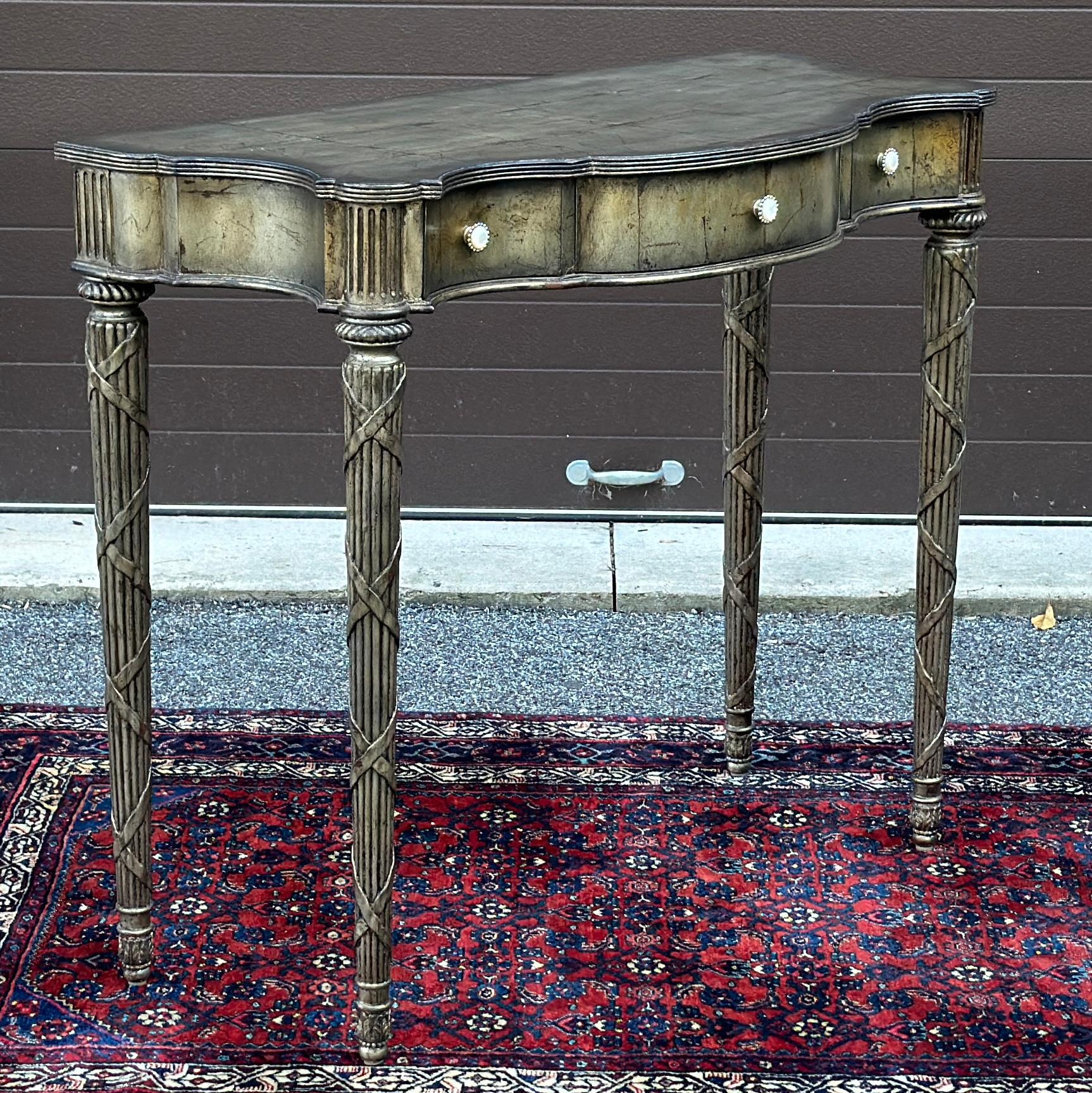 Maitland-Smith Silver Leaf Serpentine Console Table With Three Drawers In Good Condition For Sale In West Chester, PA