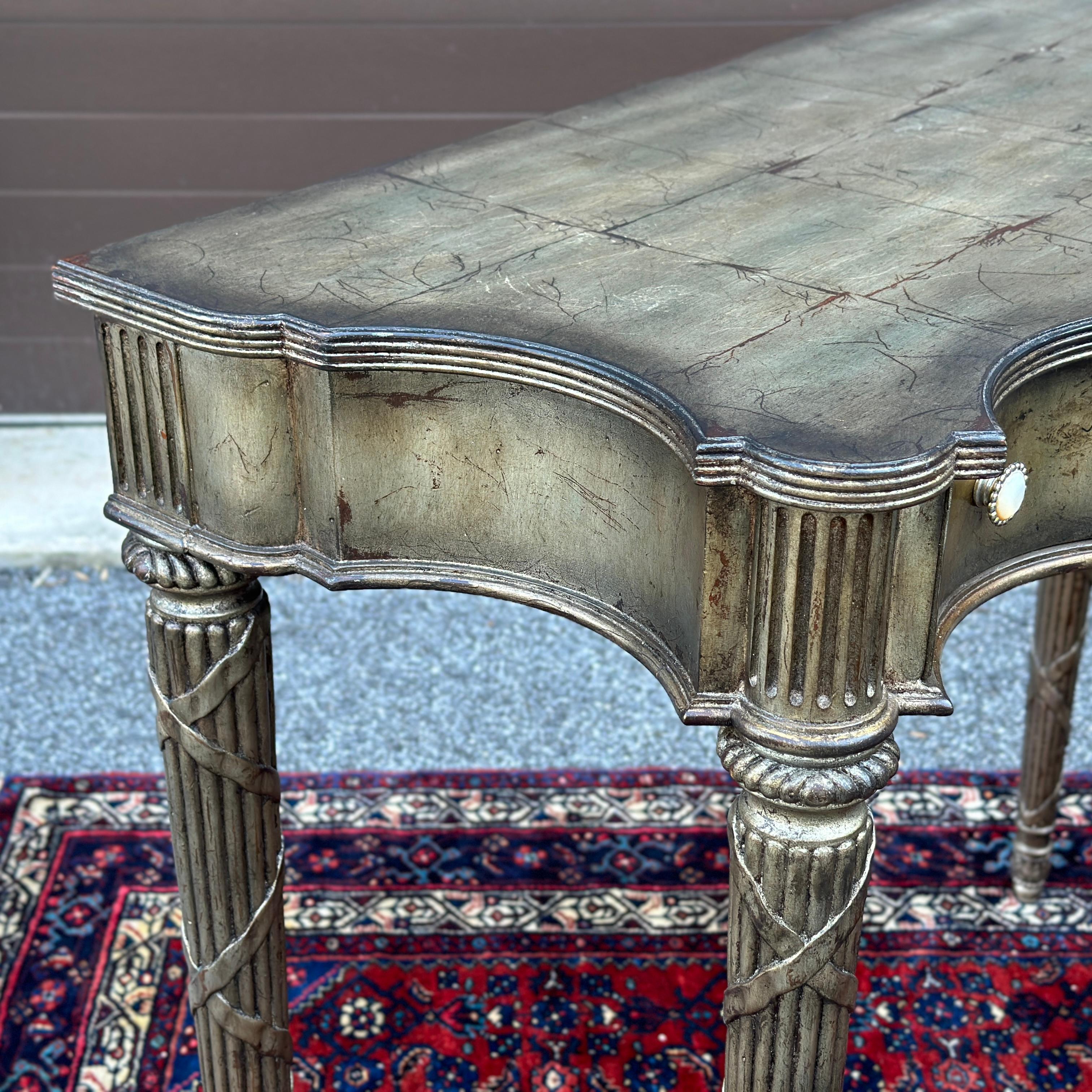 20th Century Maitland-Smith Silver Leaf Serpentine Console Table With Three Drawers For Sale