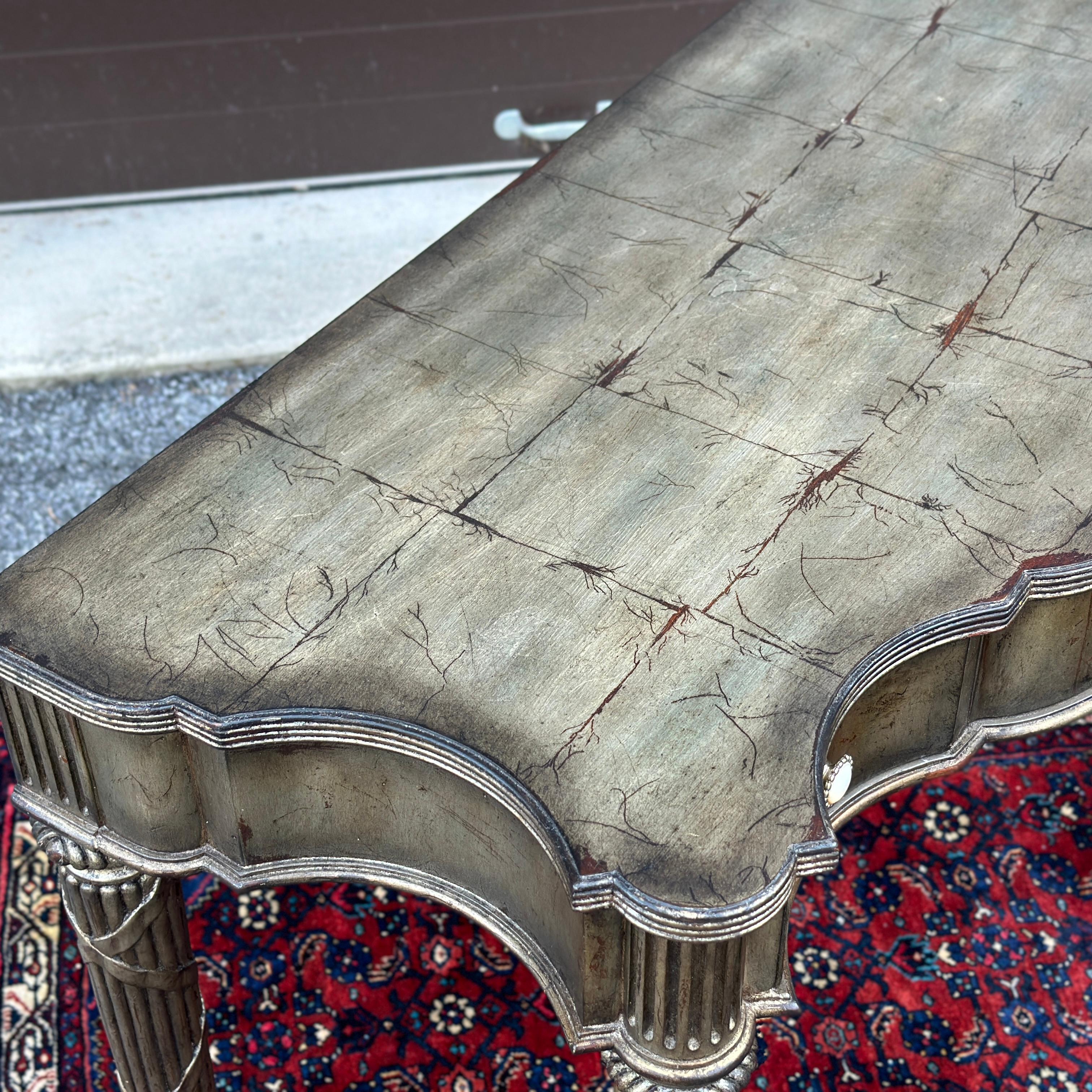 Wood Maitland-Smith Silver Leaf Serpentine Console Table With Three Drawers For Sale