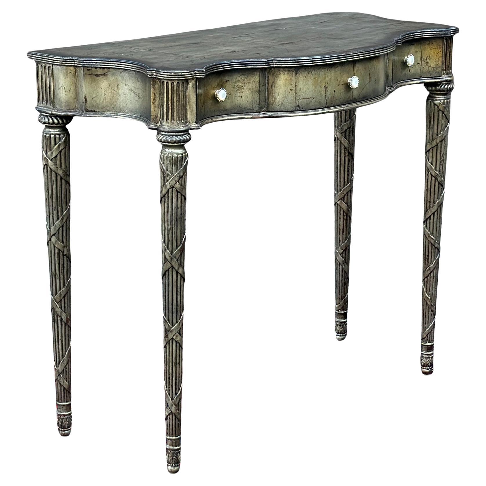 Maitland-Smith Silver Leaf Serpentine Console Table With Three Drawers For Sale