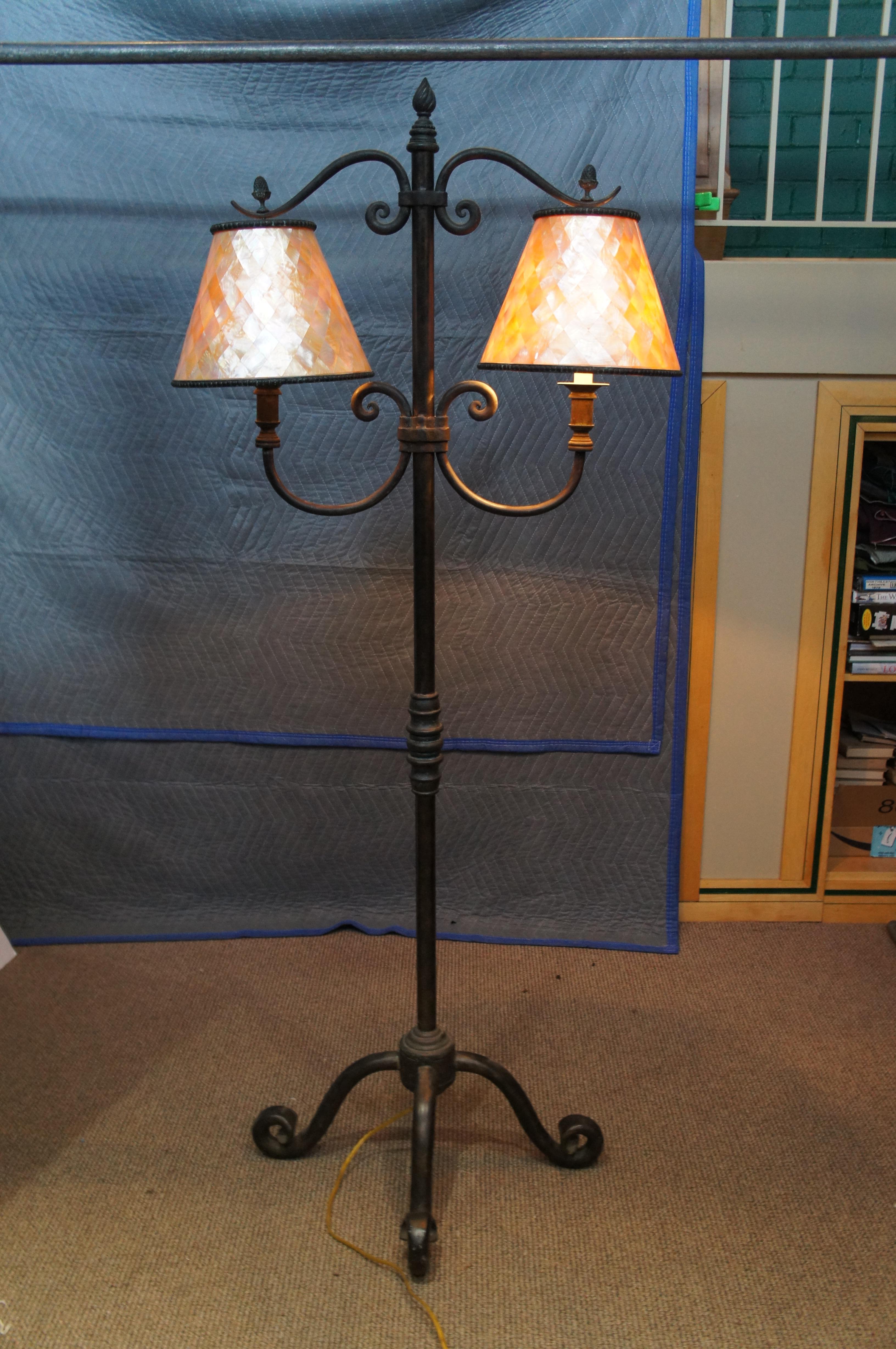 Maitland Smith Spanish Revival Scrolled Iron Mother of Pearl Floor Lamp 68