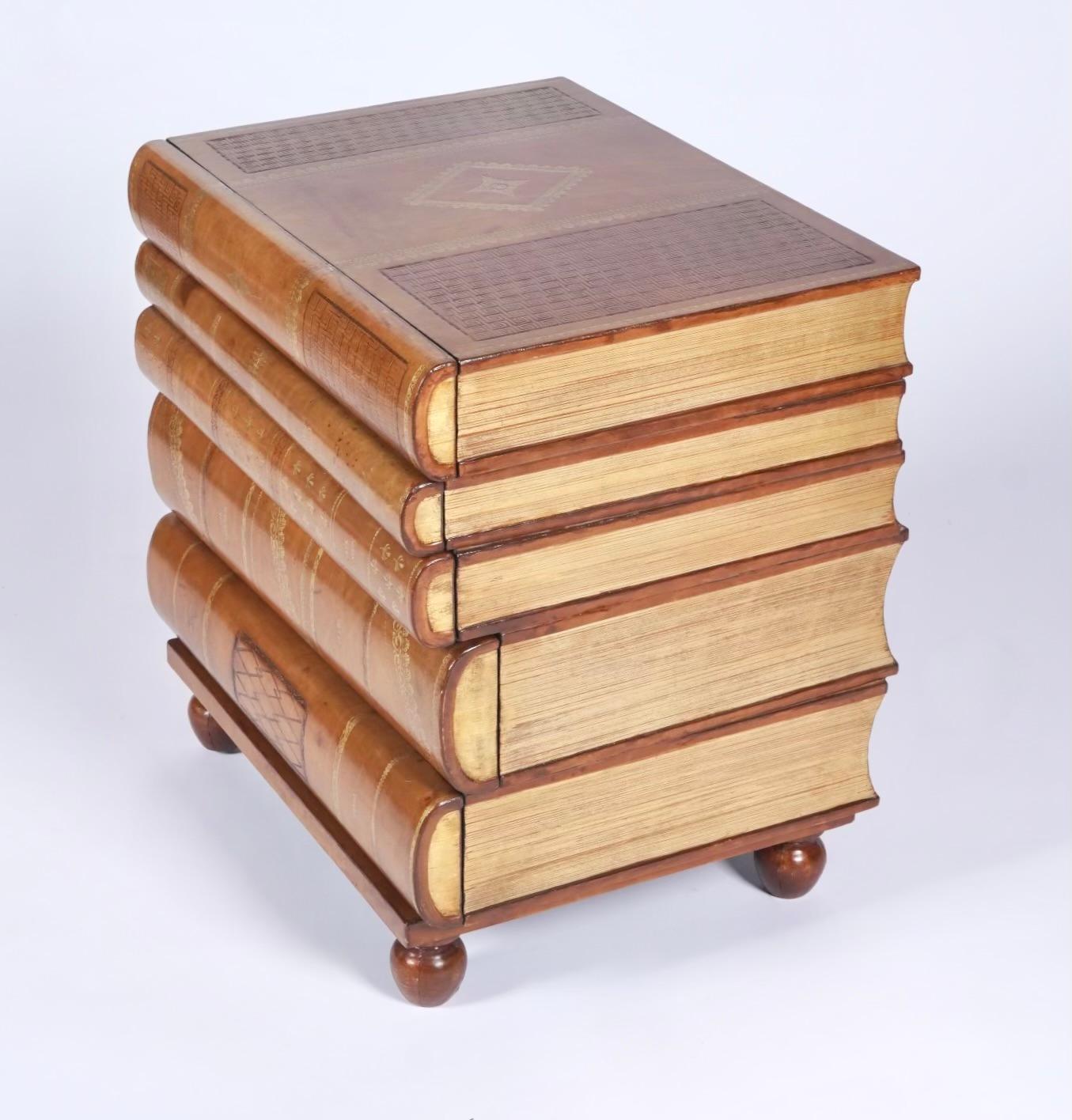 Hand-Crafted Maitland - Smith Stacked Leather Bond Books Chest of Drawers / Side / End Table