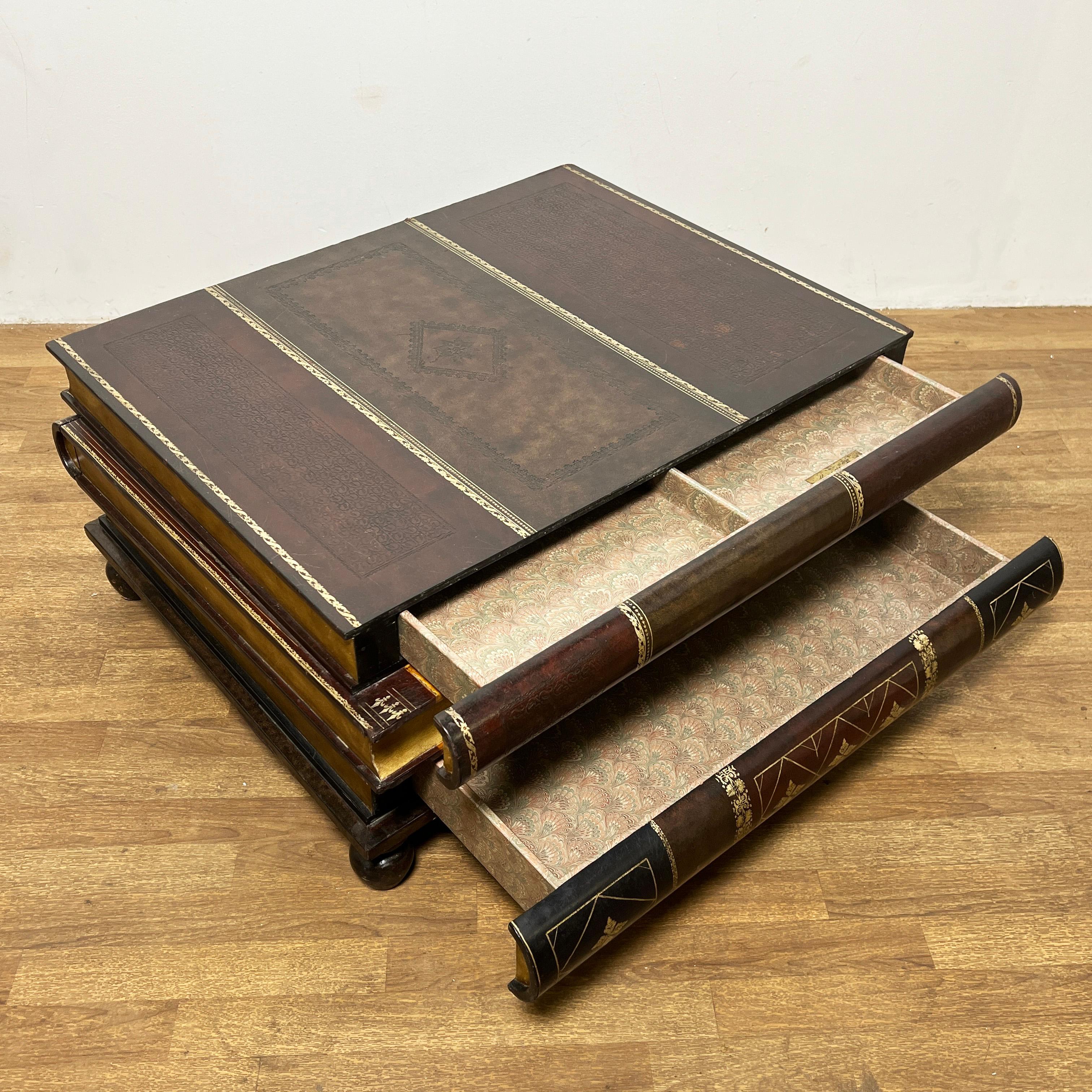 Bibliophile's coffee table by Maitland-Smith in the trompe l'oeil form of oversized leather bound antiquarian stacked folios, with several storage drawers. 
