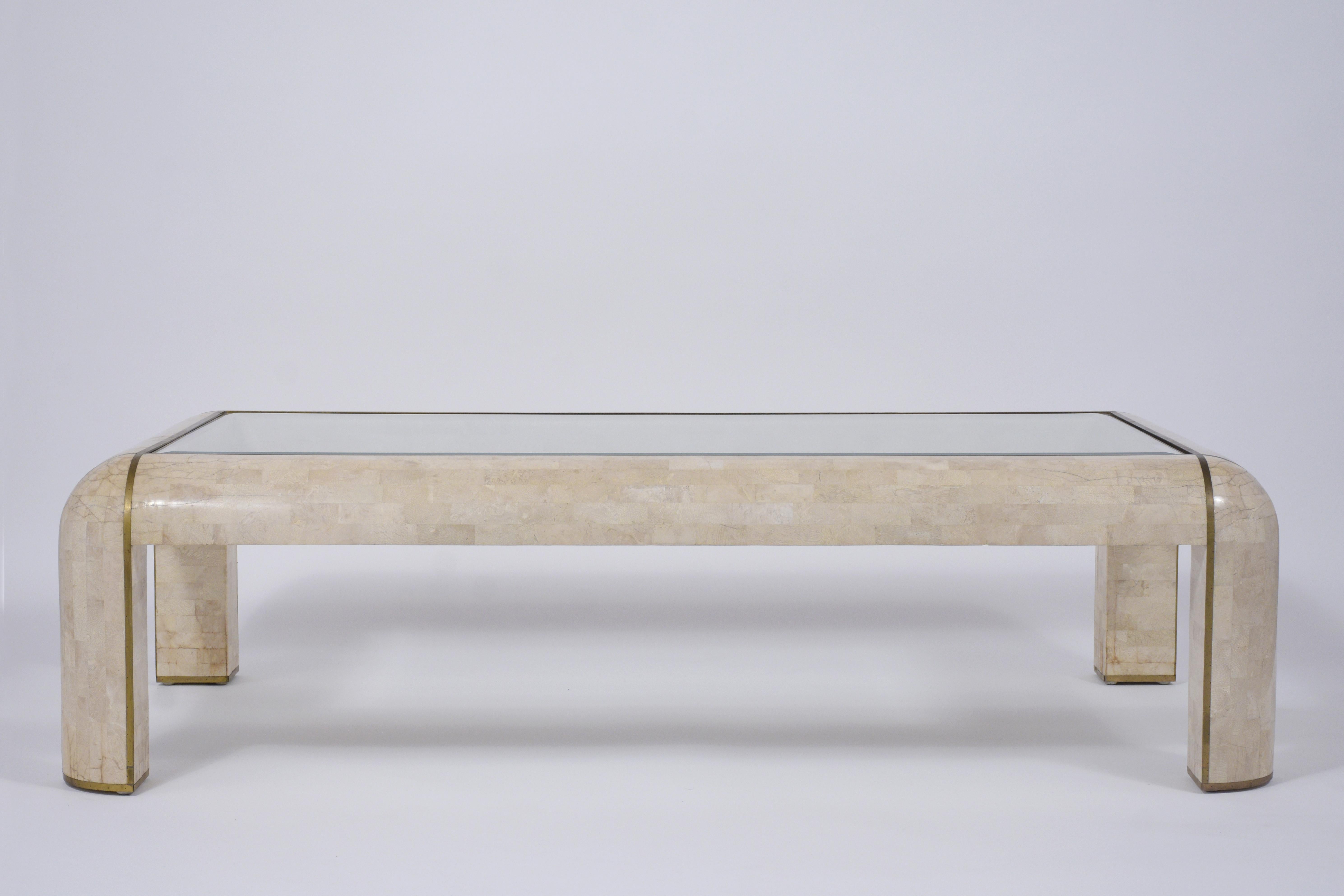 Mid-Century Modern 1970s Maitland Smith Coffee Table with Ivory Stone & Brass Detailing