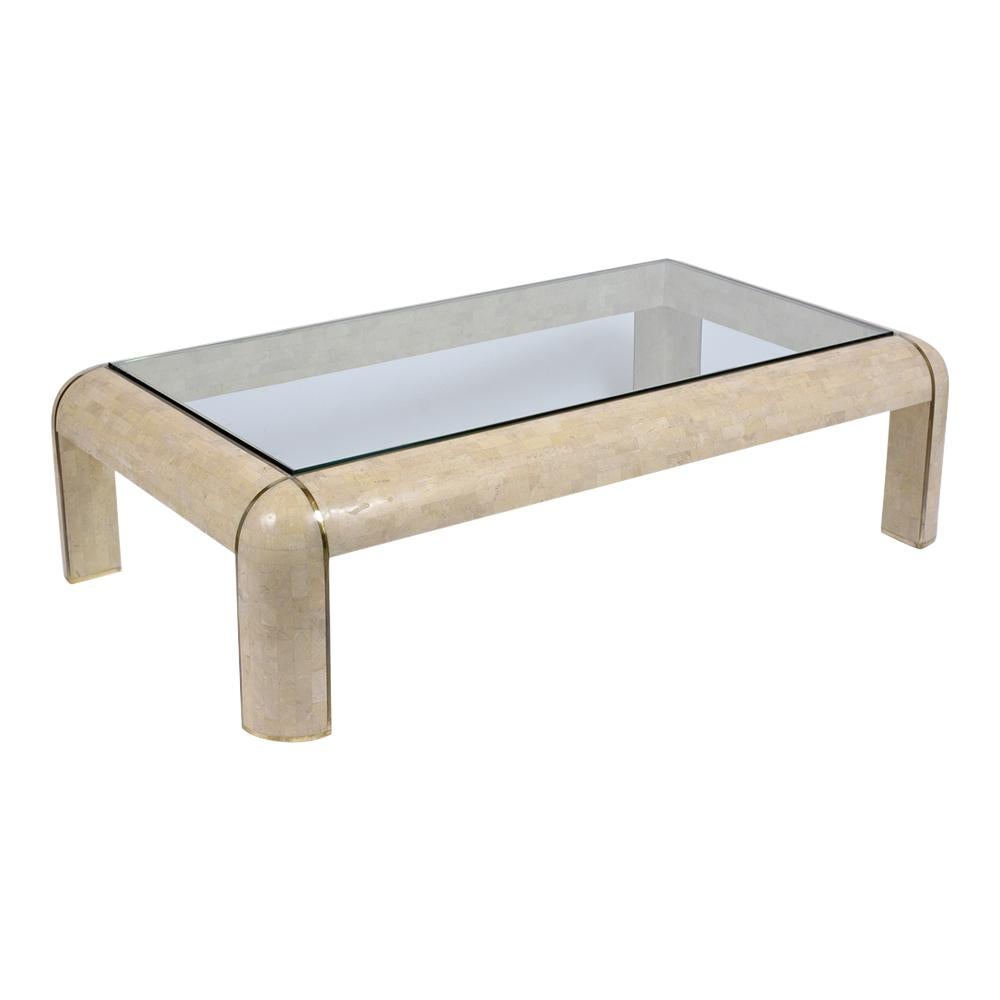 1970s Maitland Smith Coffee Table with Ivory Stone & Brass Detailing In Good Condition In Los Angeles, CA