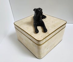 Maitland Smith, Stone Inlay Box, with Bronzed Dog and Brass Trim Details