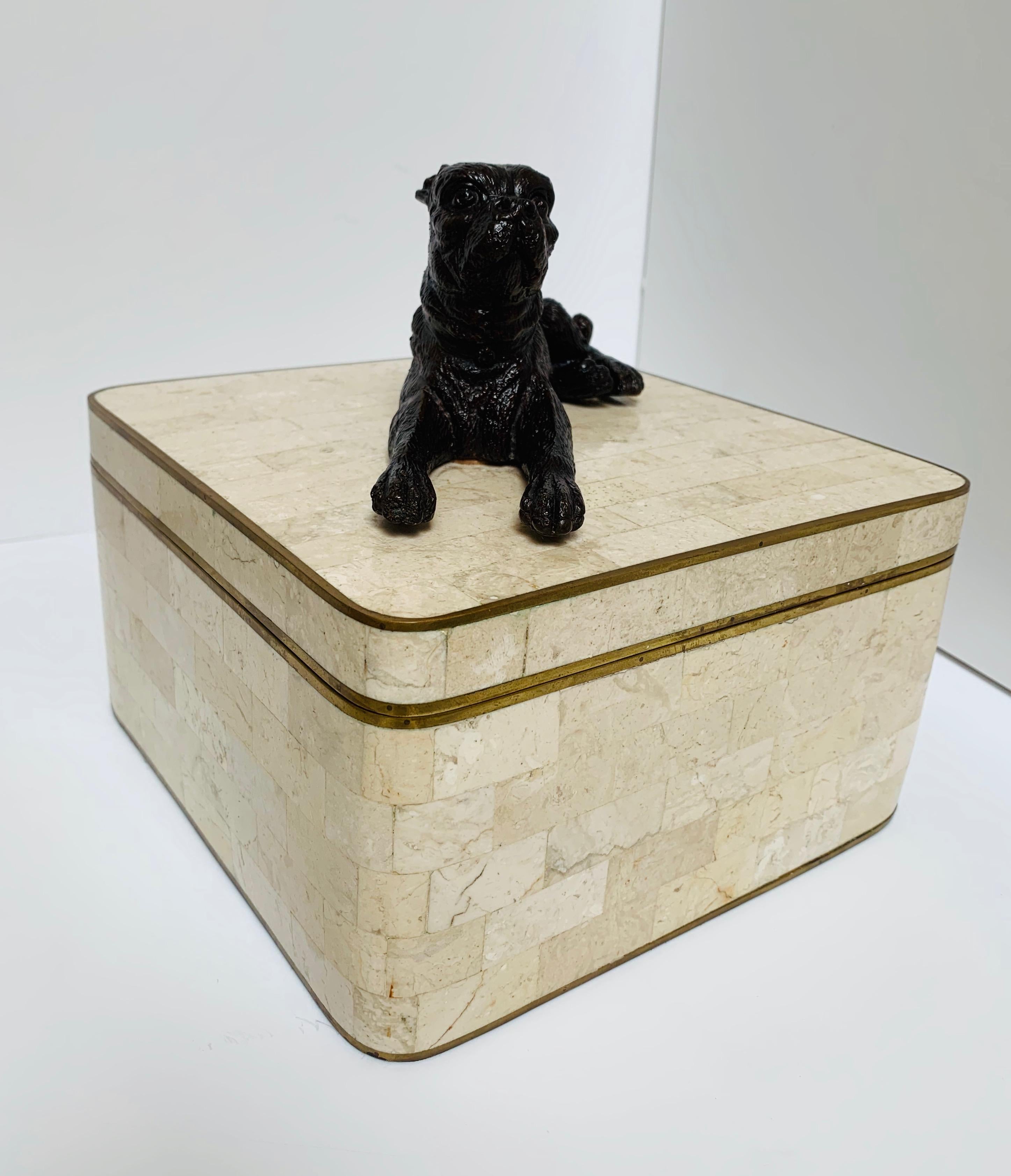 Hollywood Regency Maitland Smith, Stone Inlay Box, with Bronzed Dog and Brass Trim Details