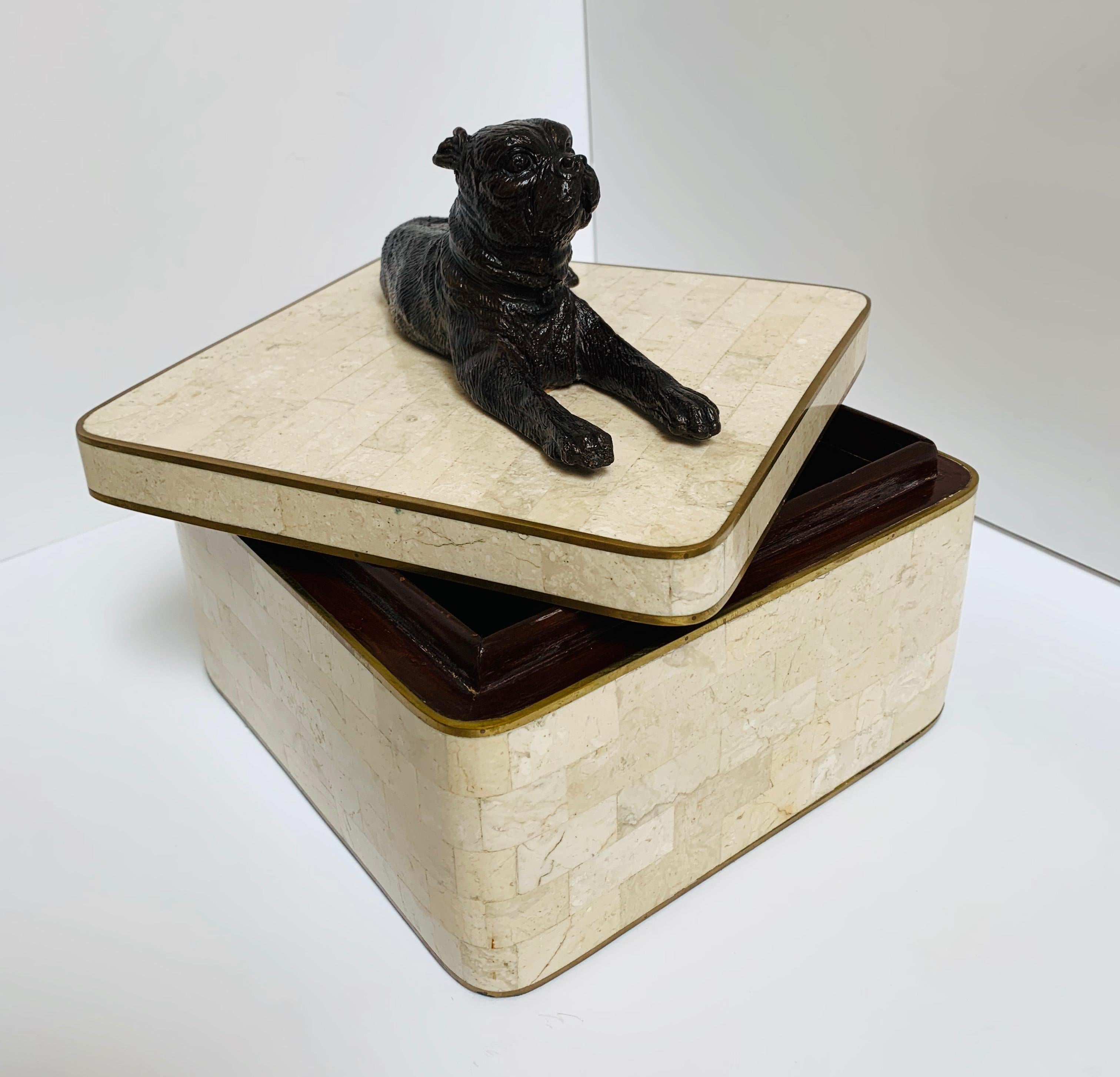 American Maitland Smith, Stone Inlay Box, with Bronzed Dog and Brass Trim Details