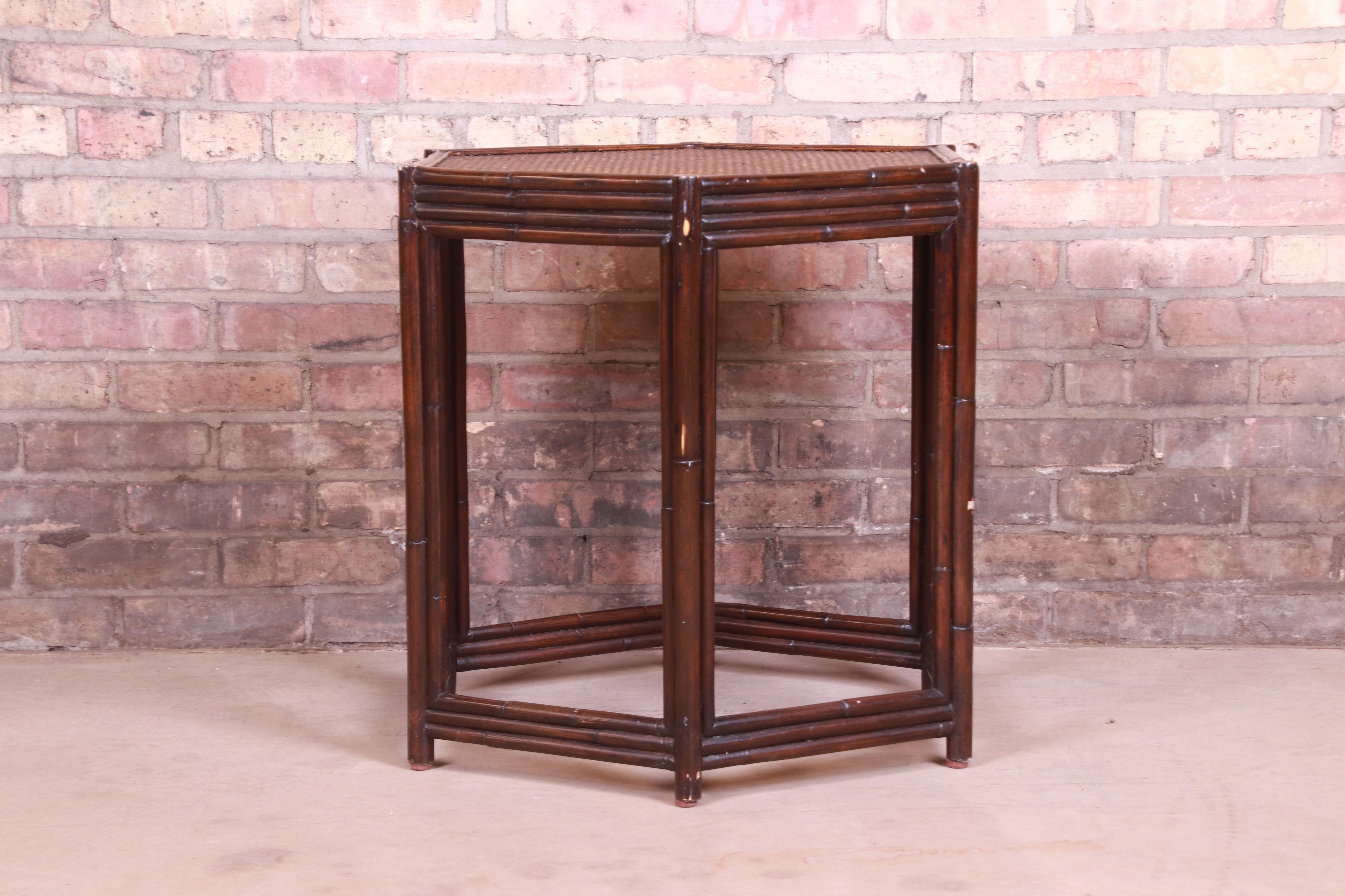 Maitland Smith Style Bamboo Rattan Hexagonal Tea Table For Sale 3