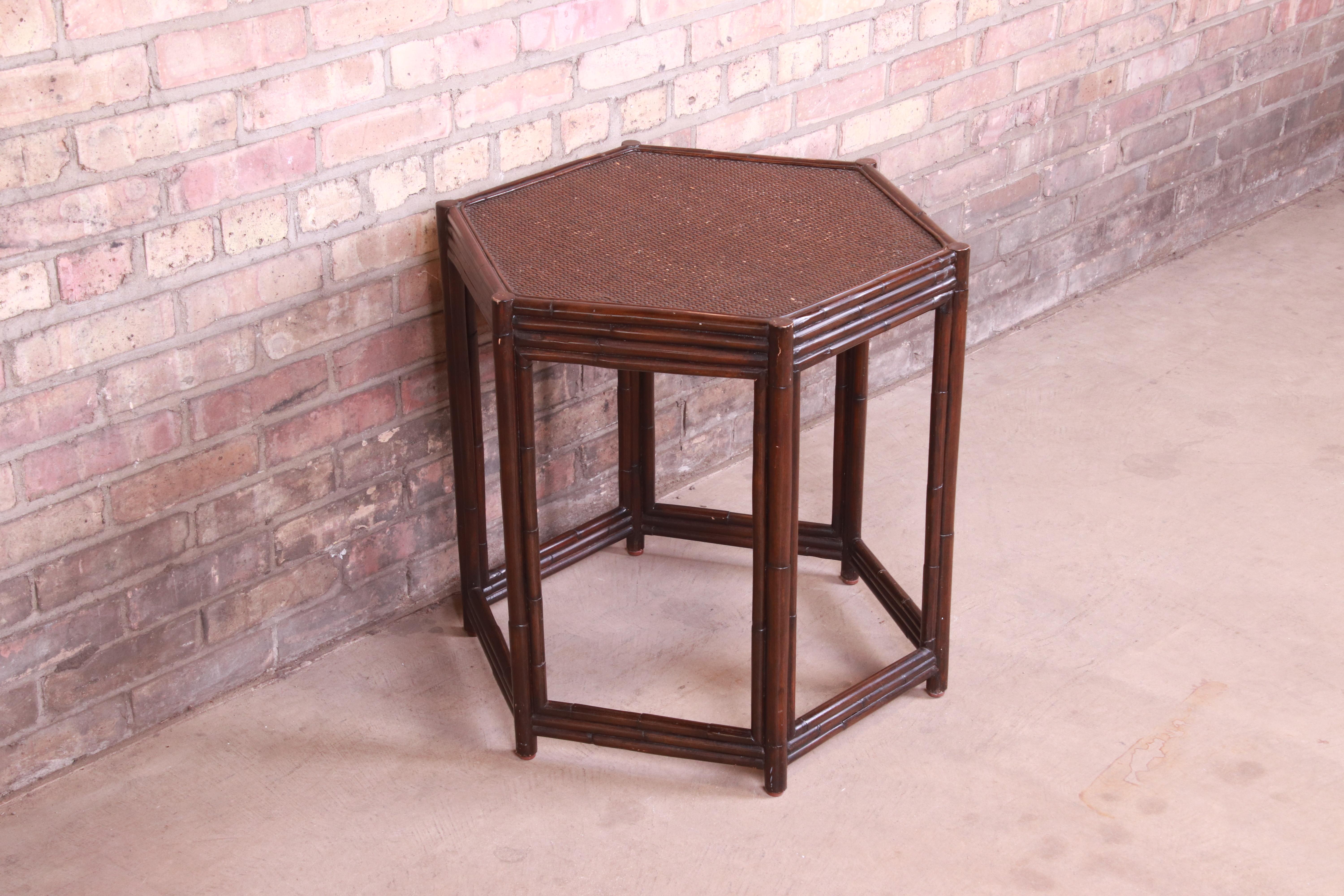 Maitland Smith Style Bamboo Rattan Hexagonal Tea Table In Good Condition For Sale In South Bend, IN