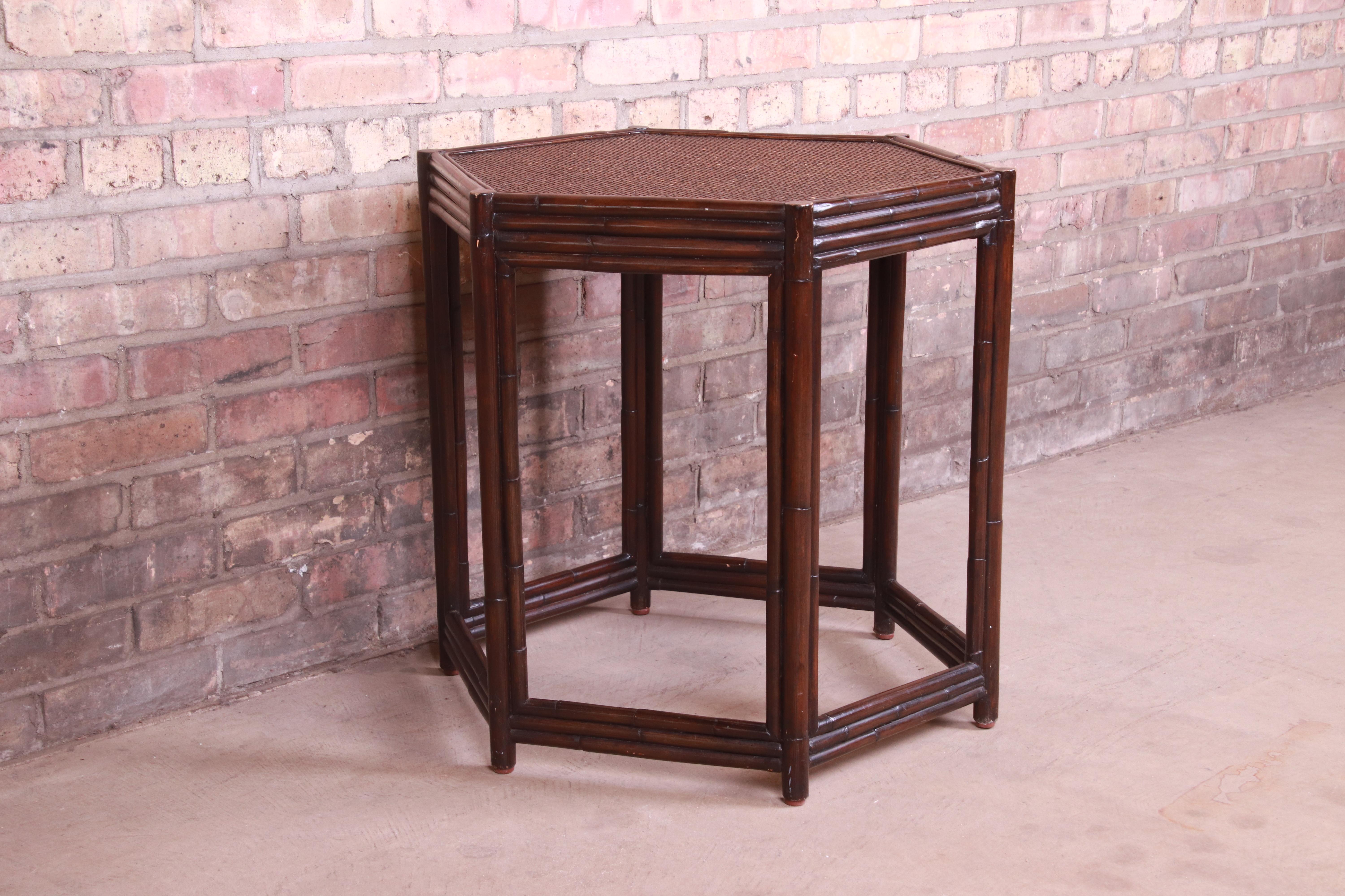 20th Century Maitland Smith Style Bamboo Rattan Hexagonal Tea Table For Sale