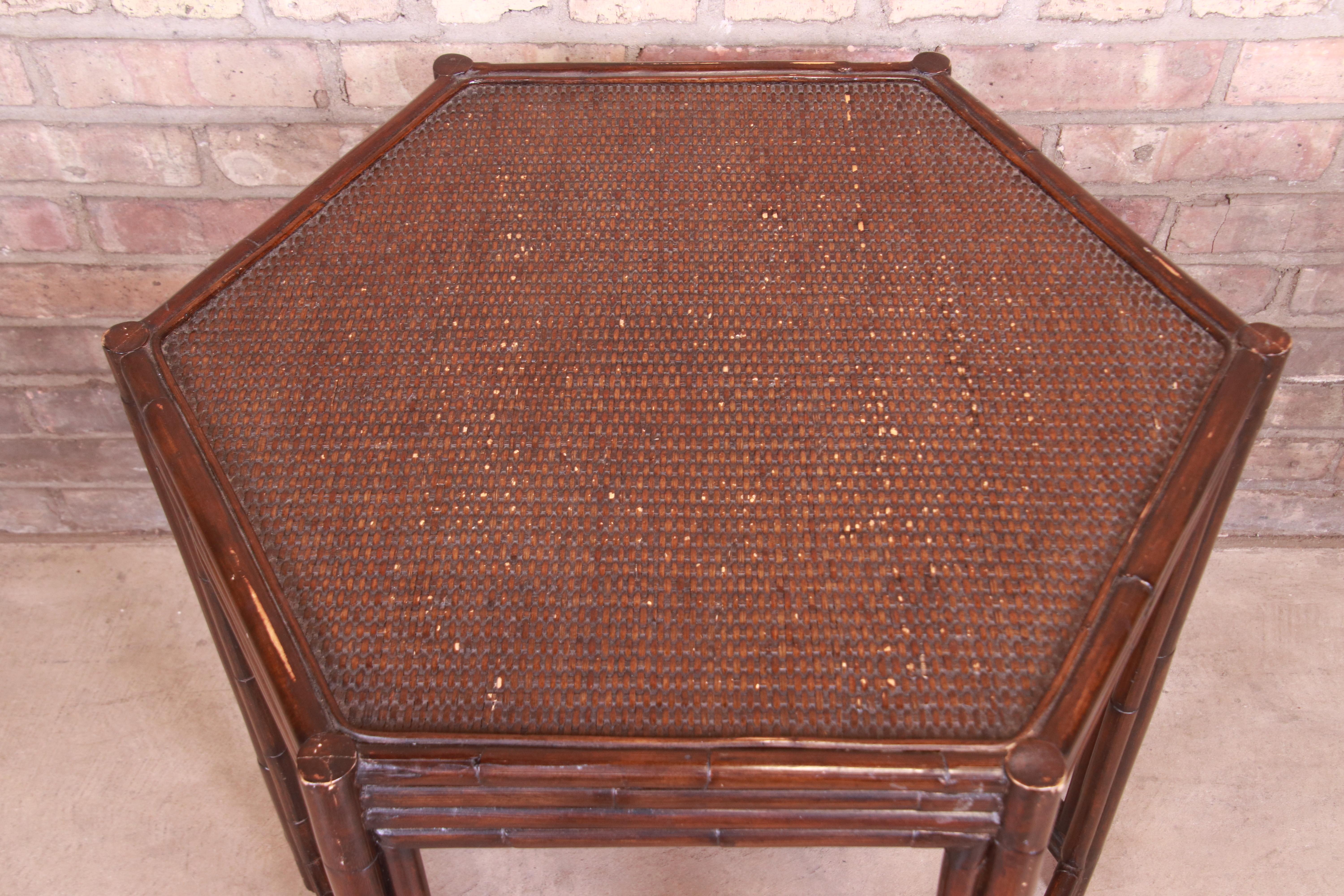 Maitland Smith Style Bamboo Rattan Hexagonal Tea Table For Sale 1