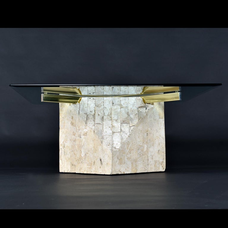 Mid-Century Modern Maitland-Smith Style Brass and Glass Tessellated Stone Pedestal Coffee Table For Sale