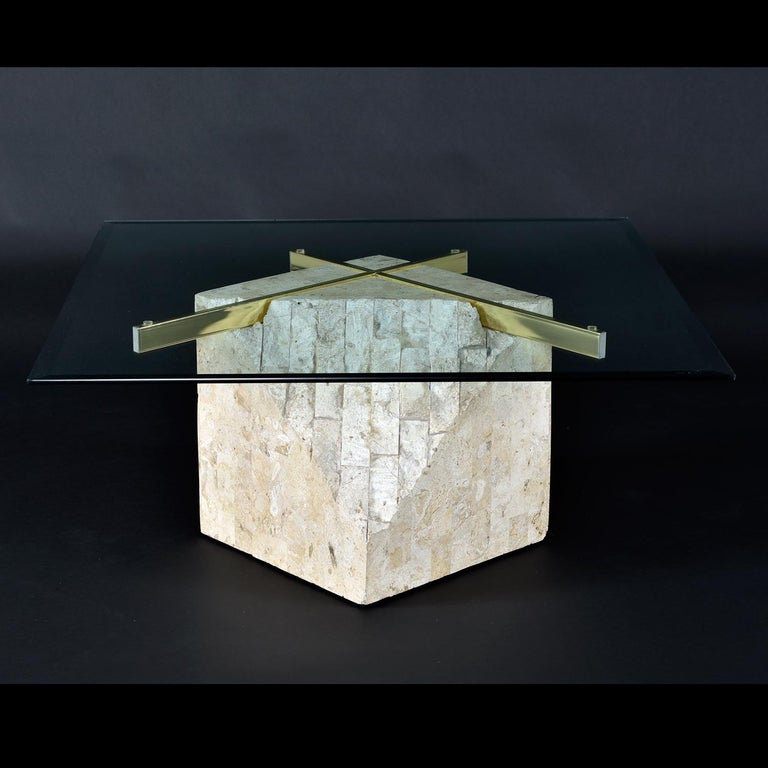 American Maitland-Smith Style Brass and Glass Tessellated Stone Pedestal Coffee Table For Sale