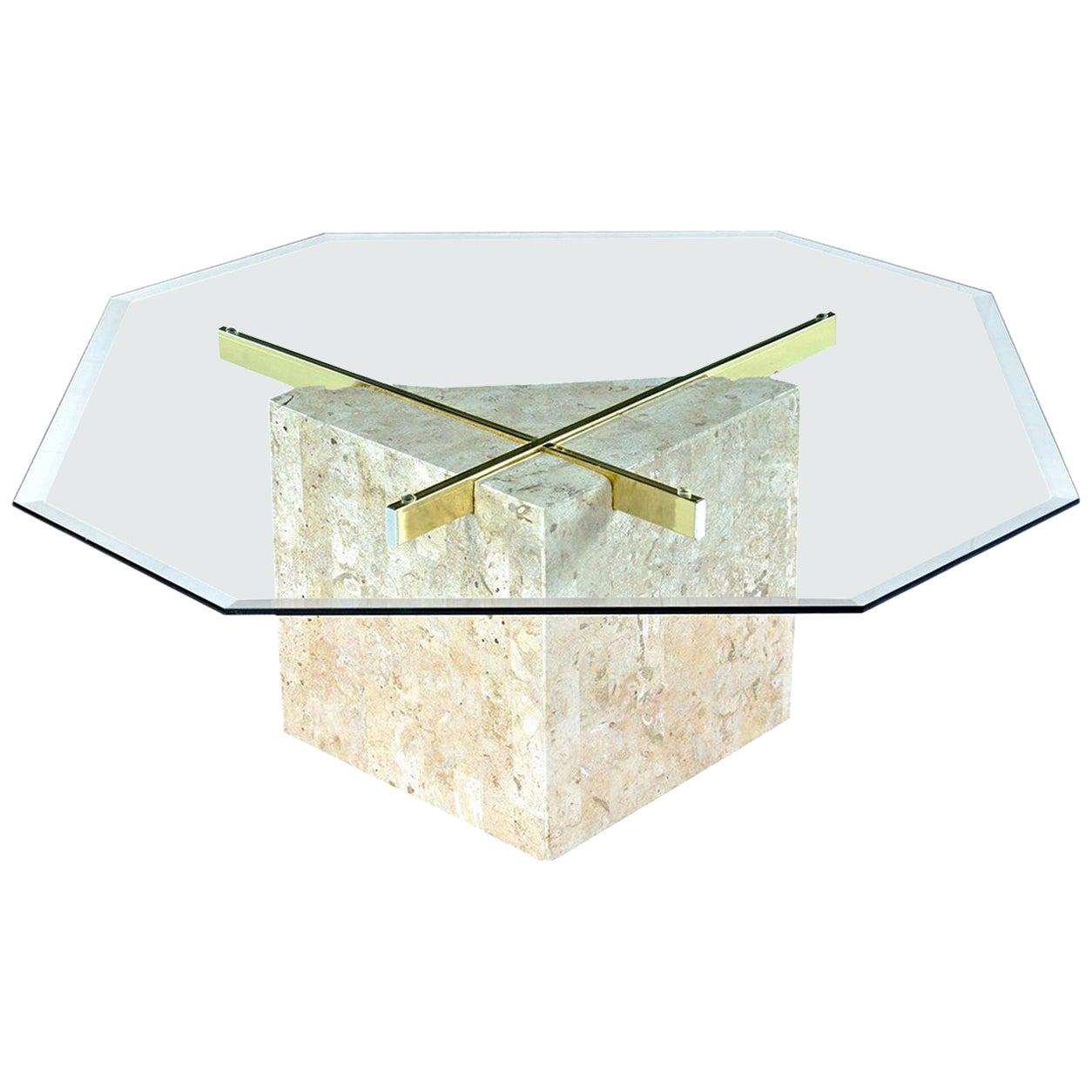 Maitland-Smith Style Brass and Glass Tessellated Stone Pedestal Coffee Table