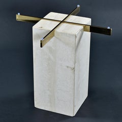 Maitland-Smith Style Brass and Glass Travertine Stone Pedestal Cocktail Table