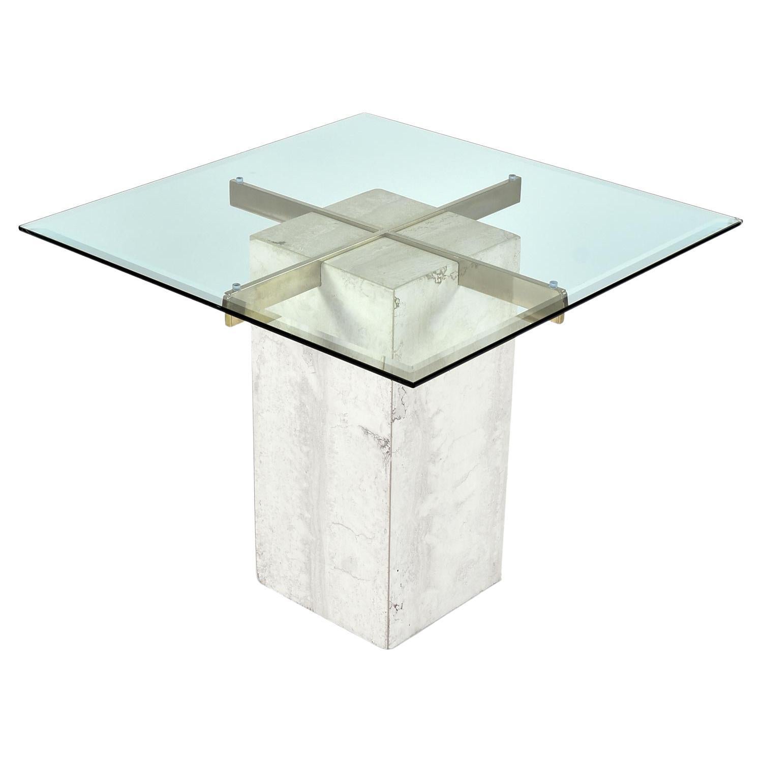 Maitland-Smith Style Brass and Glass Travertine Stone Pedestal Cocktail Table