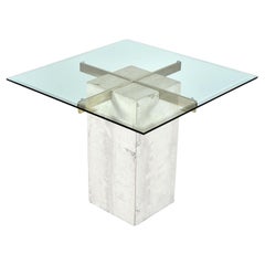 Vintage Maitland-Smith Style Brass and Glass Travertine Stone Pedestal Cocktail Table