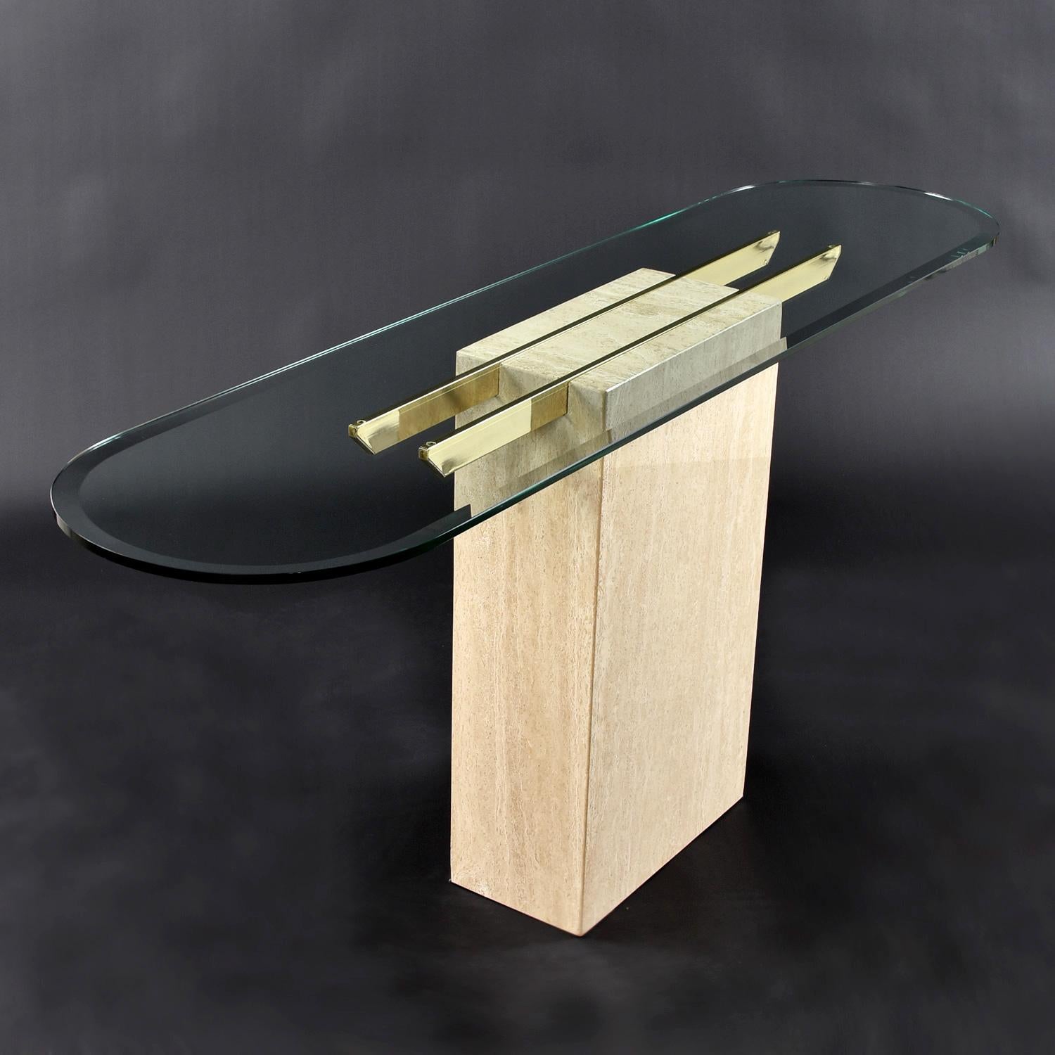 Laiton Maitland-Smith Style Brass and Glass Travertine Stone Pedestal Console Table en vente