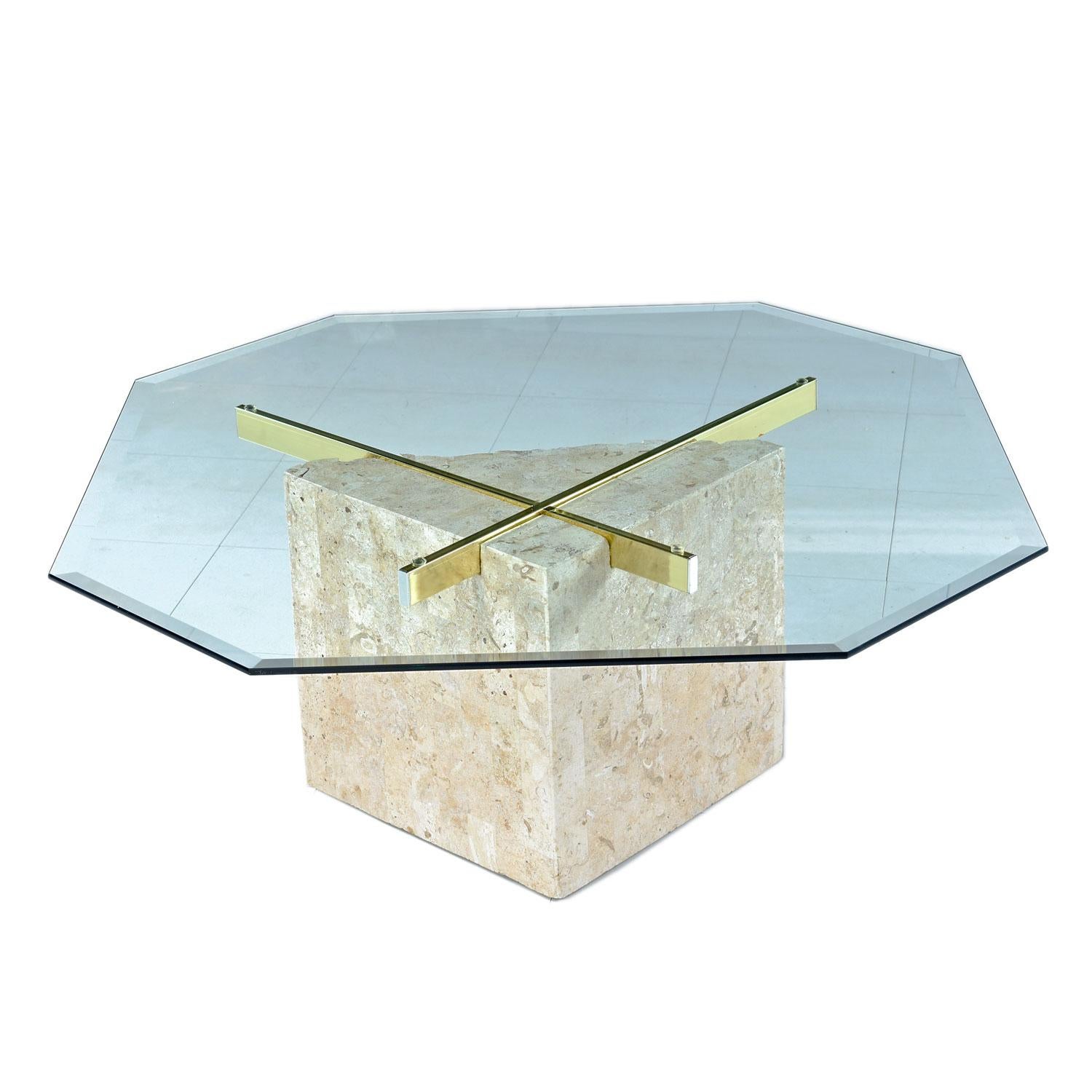 Stunning tessellated stone square pedestal coffee table in the style of Maitland-Smith. Super-sleek, elegant and Classic modern style. The tessellated stone has exotically marbled earth tone veins. The Minimalist design is perfectly complimented and