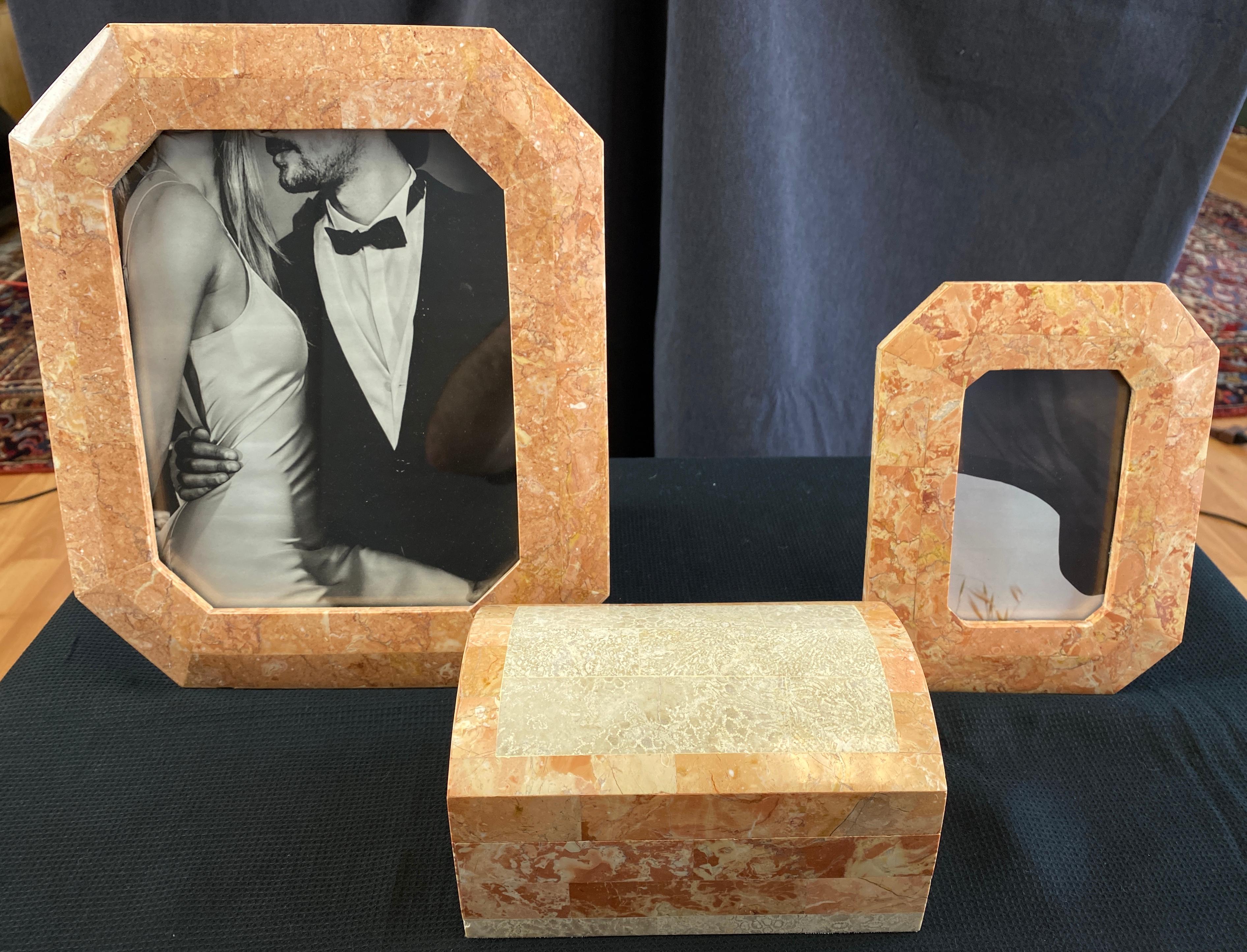 A circa 1980s Maitland Smith style dresser top set, box and two frames.
They are exactingly cut fitted marble and fossil stone pieces, placed with an artistic eye for pattern and color, with the inside of the box a warm teak wood. 

Large frame