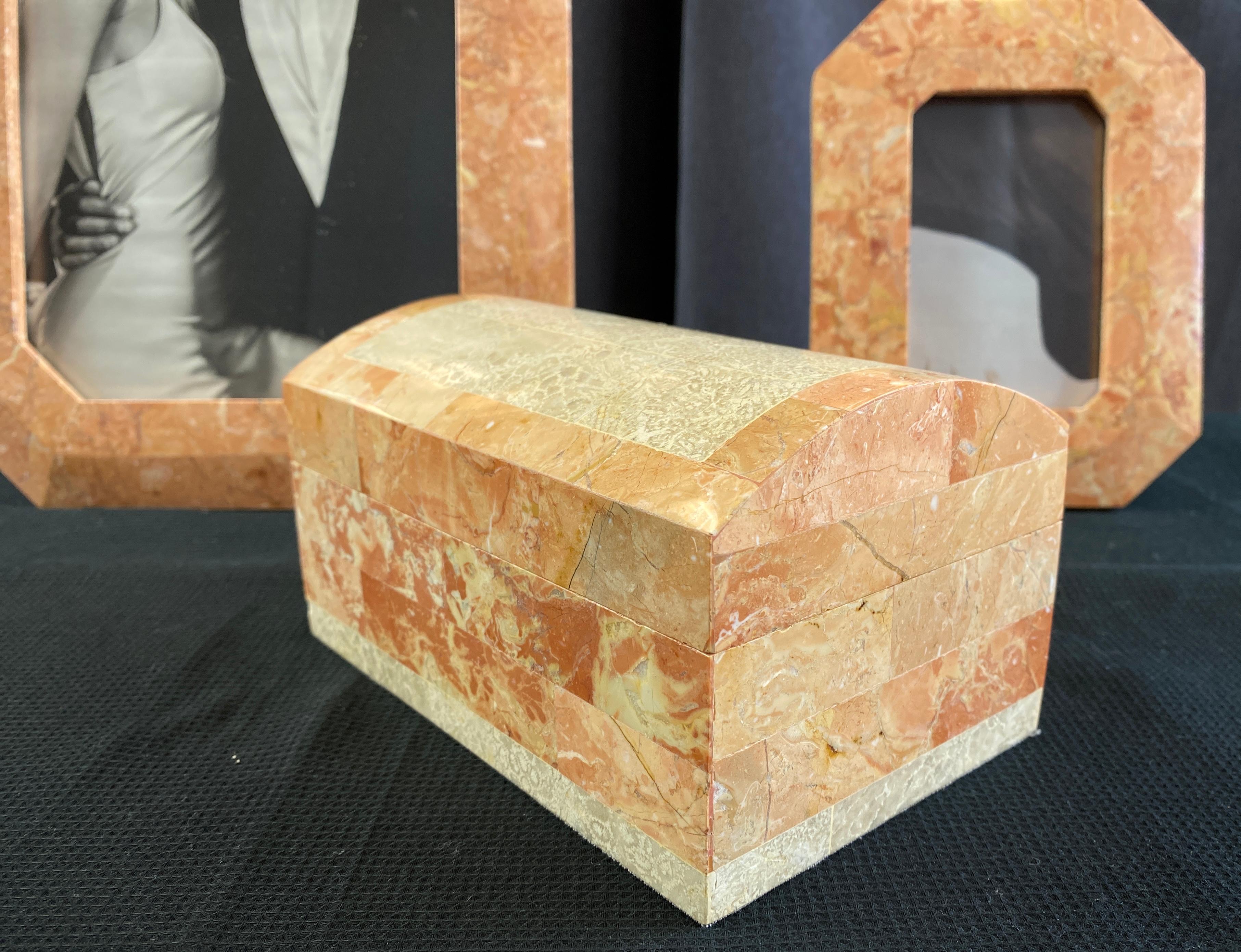 Modern Maitland Smith Style Dresser Top Set, Box & Two Frames Fitted Marble and Fossil