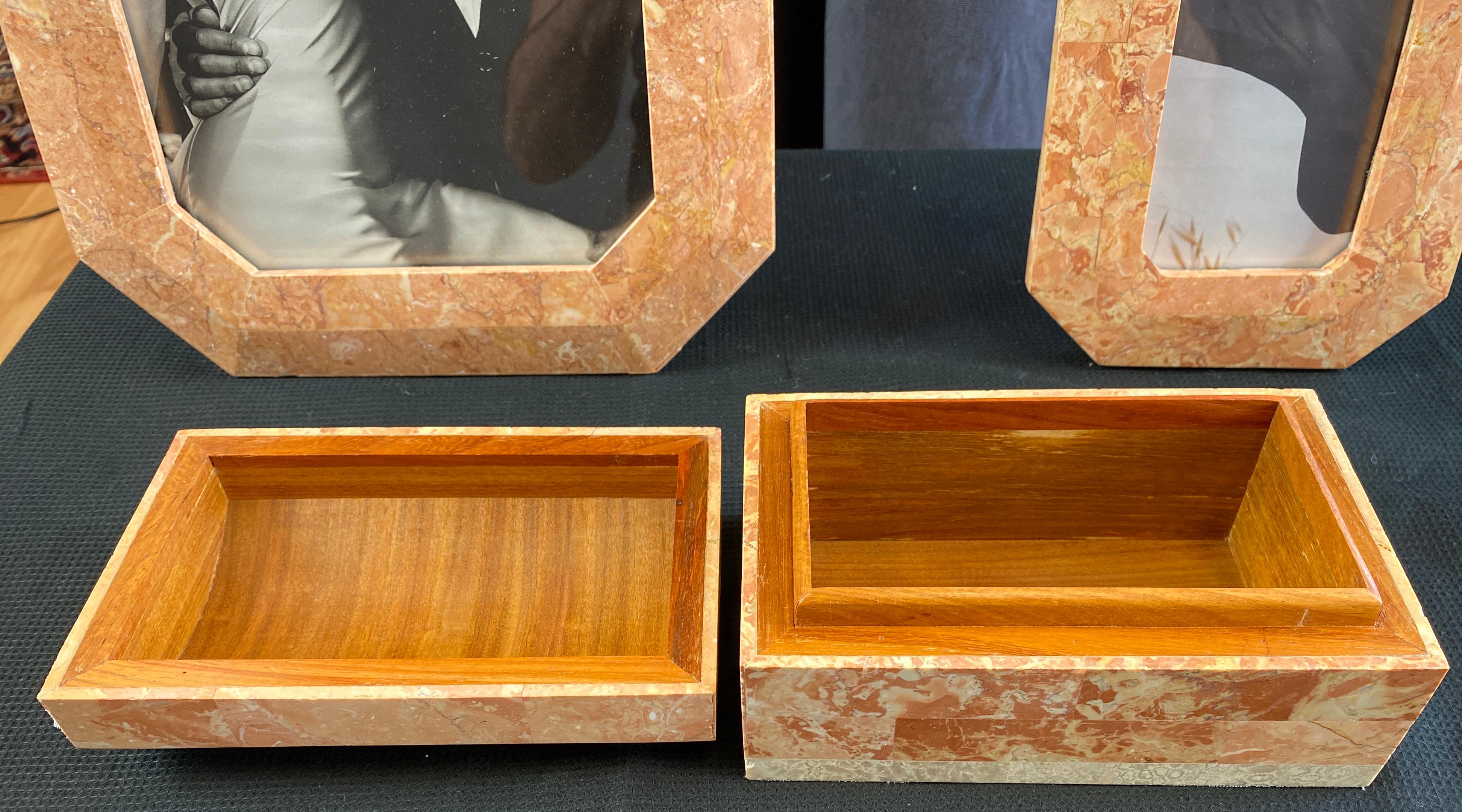 Maitland Smith Style Dresser Top Set, Box & Two Frames Fitted Marble and Fossil 1