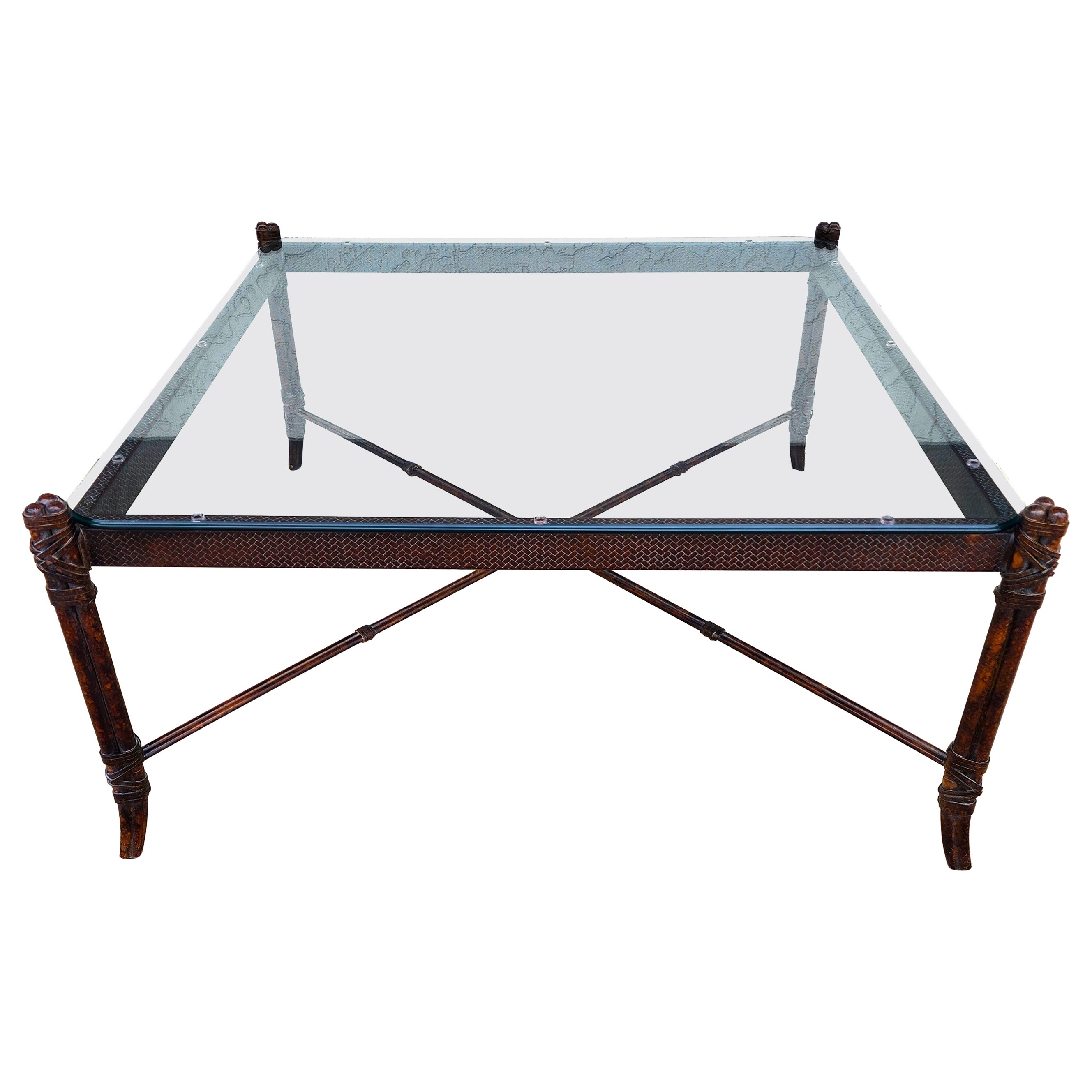 Maitland Smith Style Faux Bamboo Glass & Leather Cocktail Table For Sale
