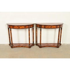 Maitland Smith Style French Empire Burl Wood Demilune Console Tables, Pair