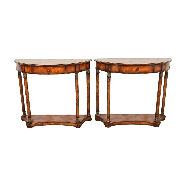 Pareja de Consolas de Madera de Burl Demilune Estilo Imperio Francés Maitland Smith en venta