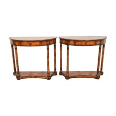 Maitland Smith Style French Empire Burl Wood Demilune Console Tables, Pair
