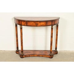 Maitland Smith Style French Empire Burl Wood & Gold Gilt Demilune Console Table