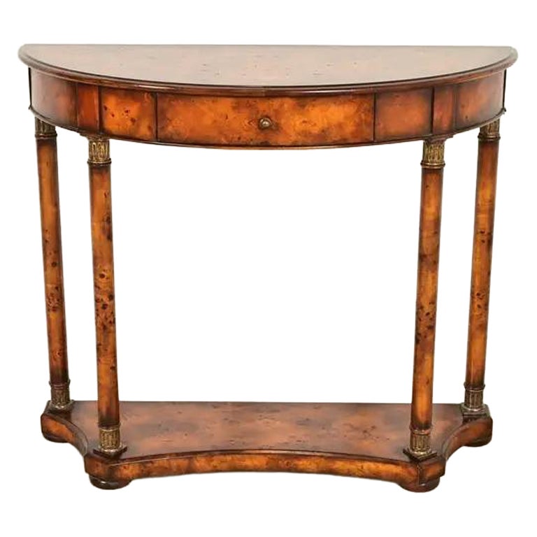 Maitland Smith Style French Empire Burl Wood & Gold Gilt Demilune Console Table