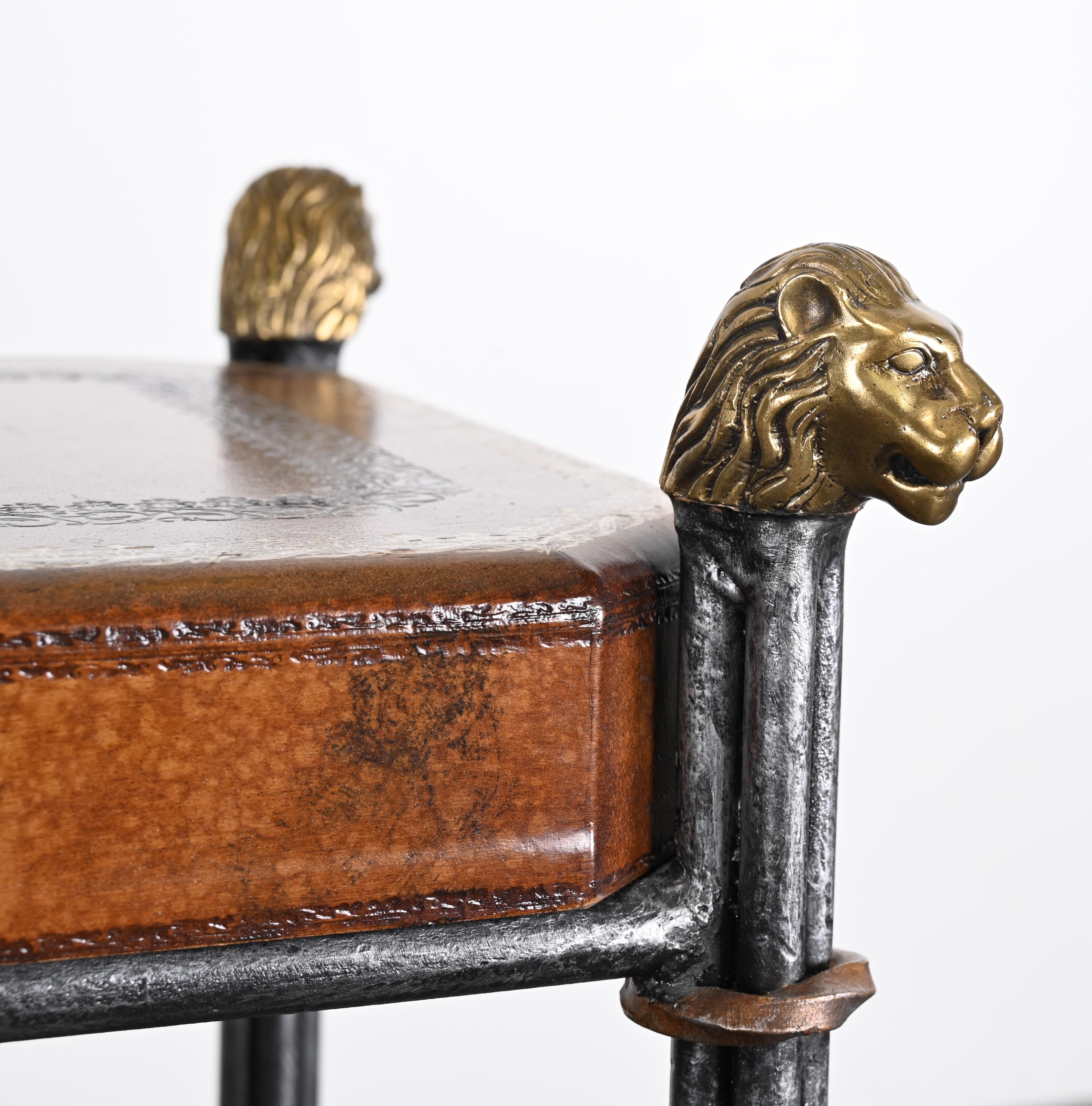 Maitland Smith Style Leather Top Lion Head Console, 1990s 4