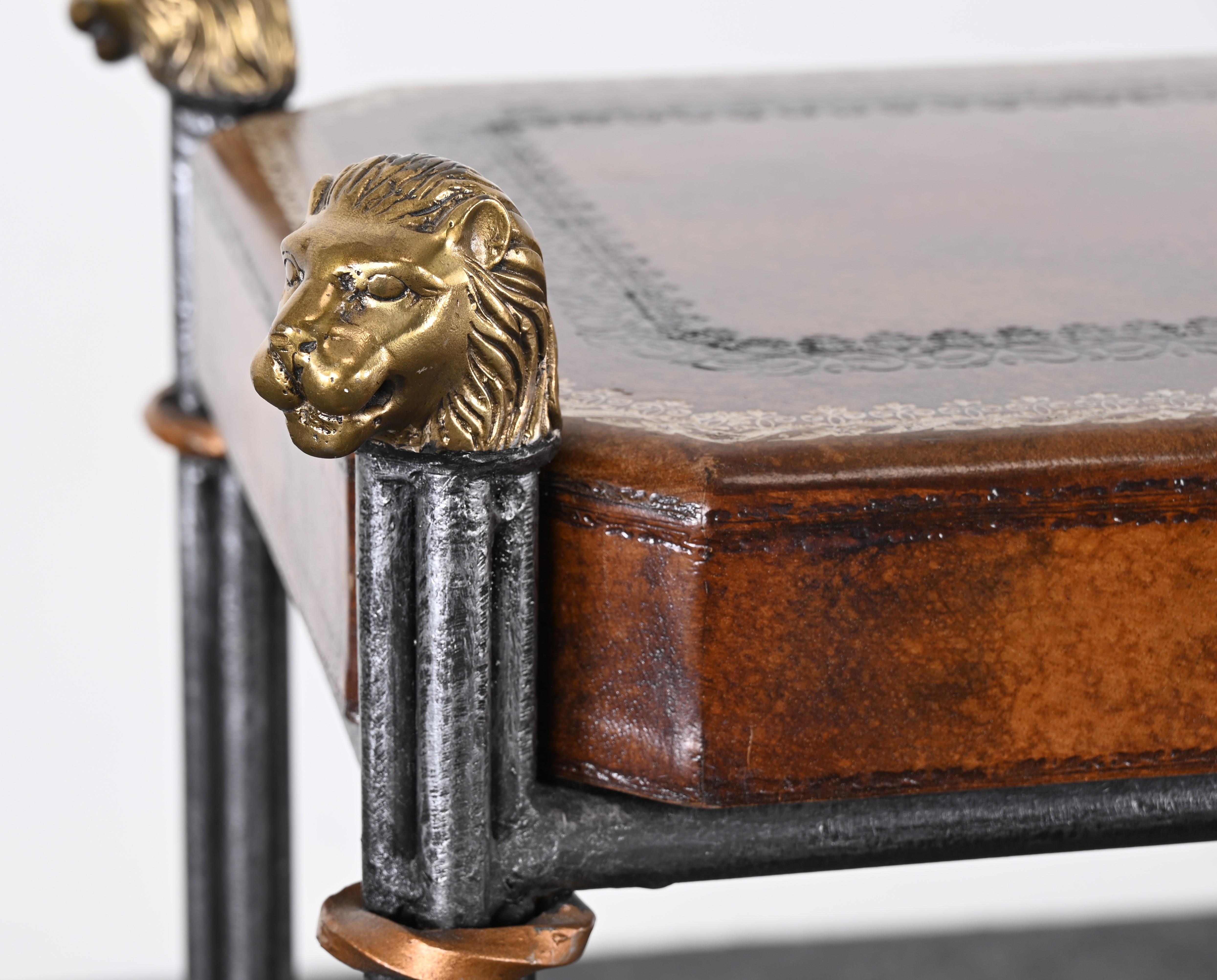Maitland Smith Style Leather Top Lion Head Console, 1990s 9