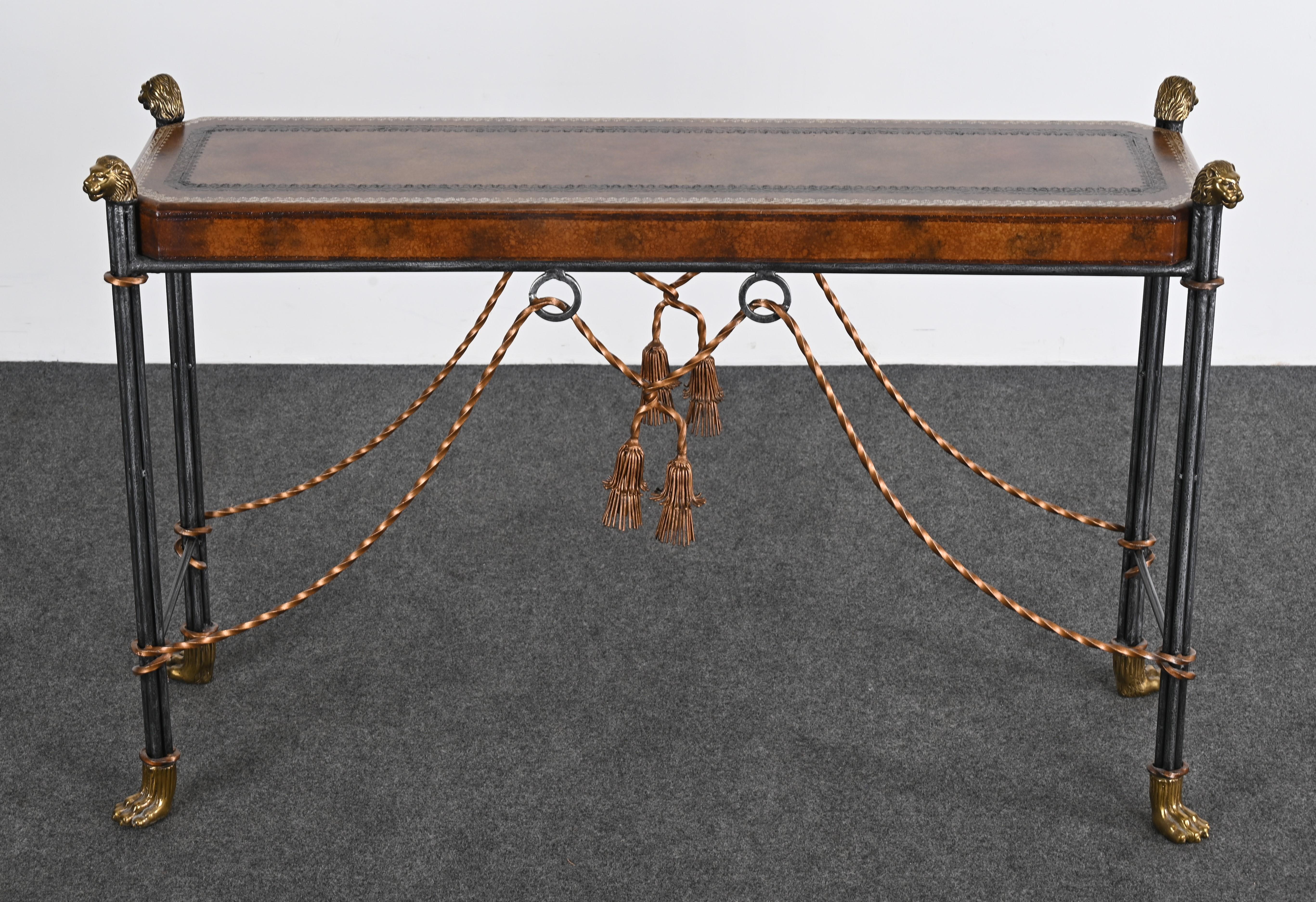 George III Maitland Smith Style Leather Top Lion Head Console, 1990s