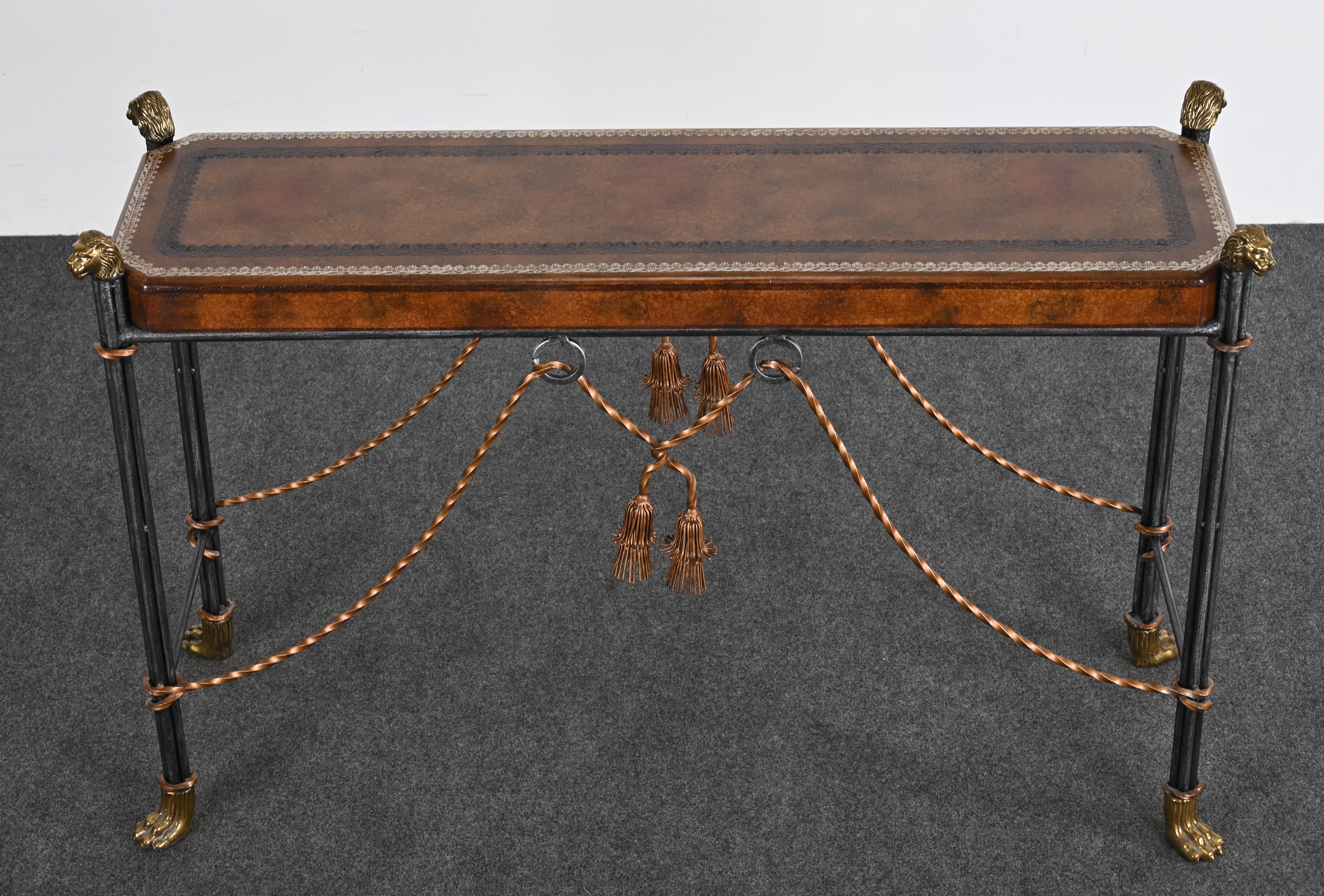 Maitland Smith Style Leather Top Lion Head Console, 1990s In Good Condition In Hamburg, PA