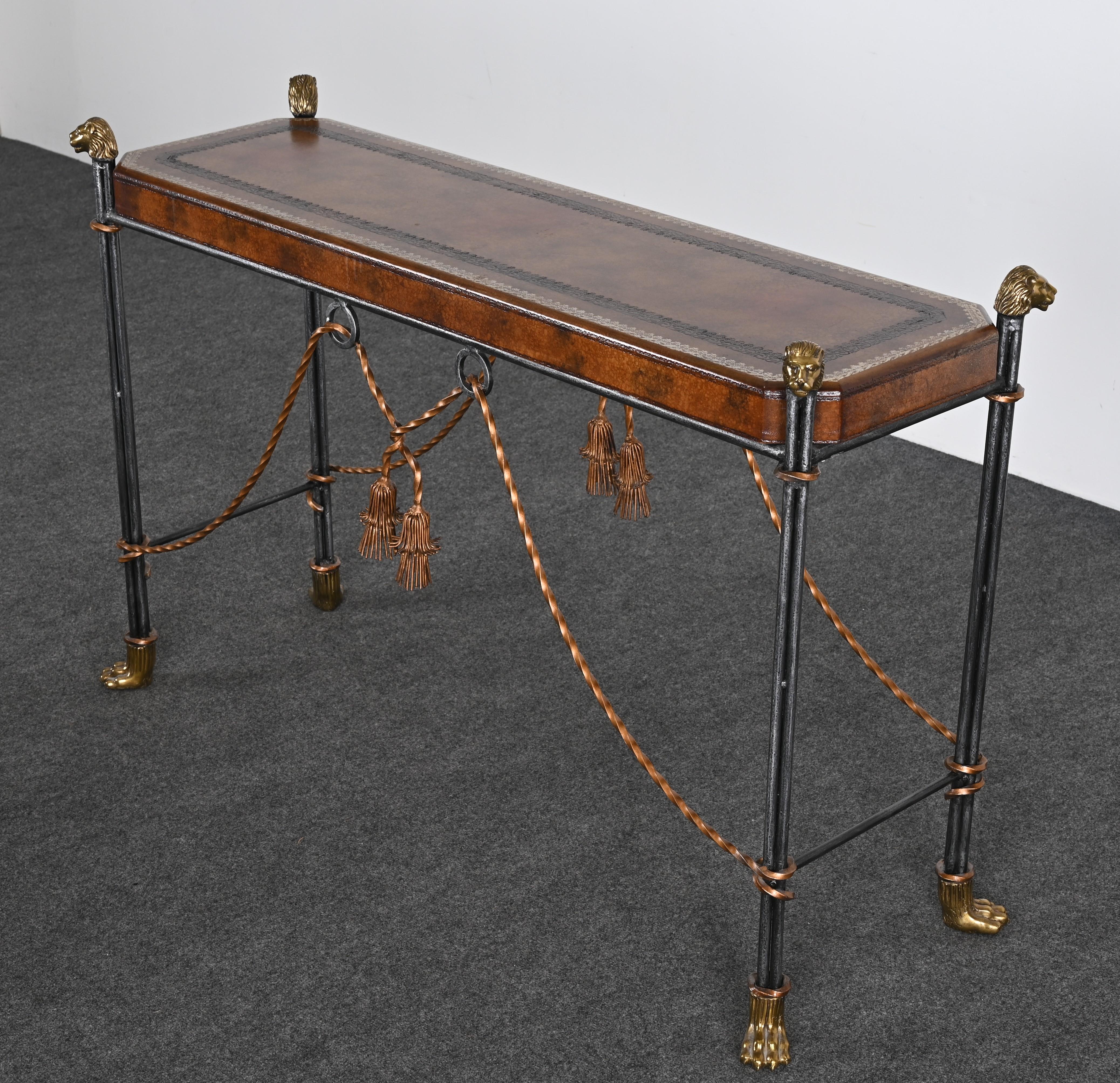 Maitland Smith Style Leather Top Lion Head Console, 1990s 1