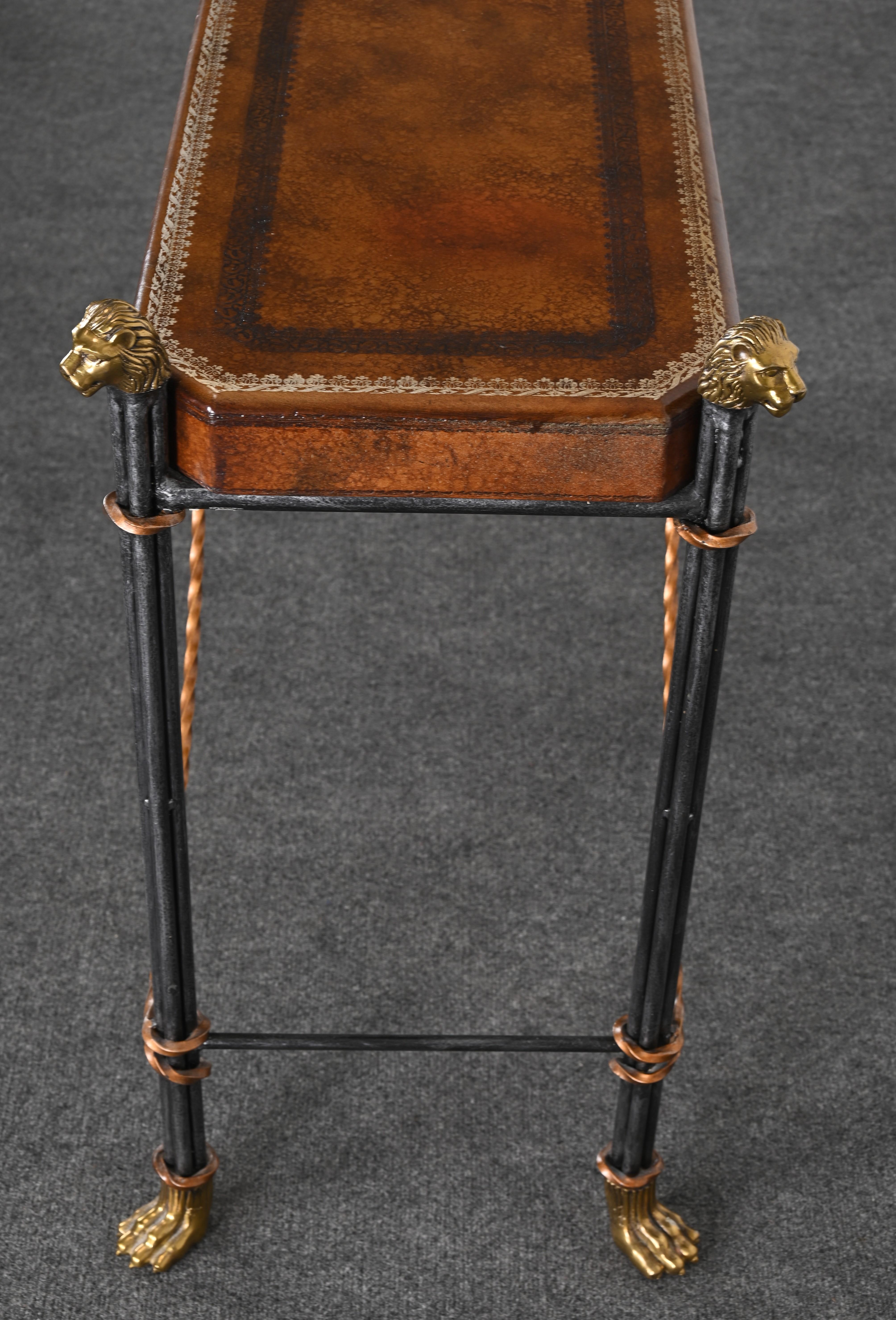 Maitland Smith Style Leather Top Lion Head Console, 1990s 3