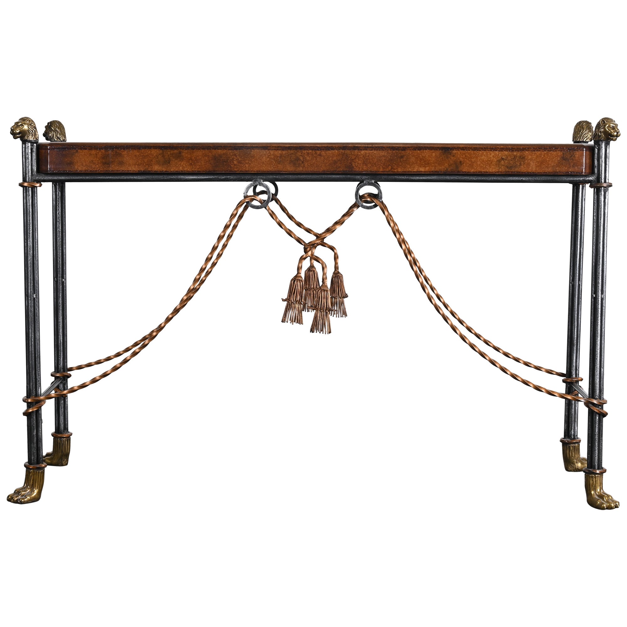 Maitland Smith Style Leather Top Lion Head Console, 1990s