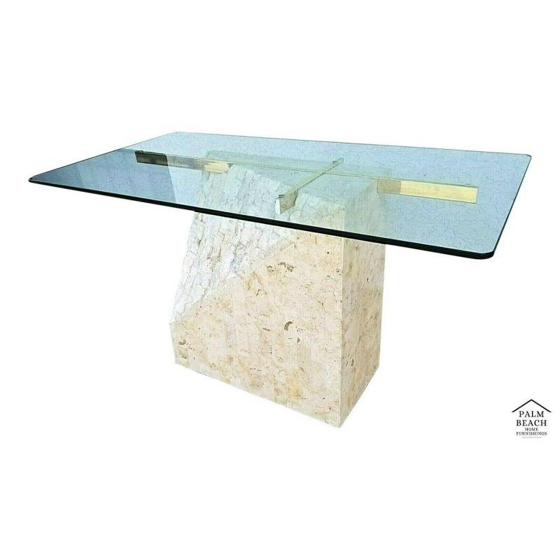 Offering one of our recent palm beach estate fine furniture acquisitions of A
1980's Maitland Smith Style Brutalist Tessellated Mactan Stone Brass & Beveled Glass Console Table 

Approximate Measurements
52