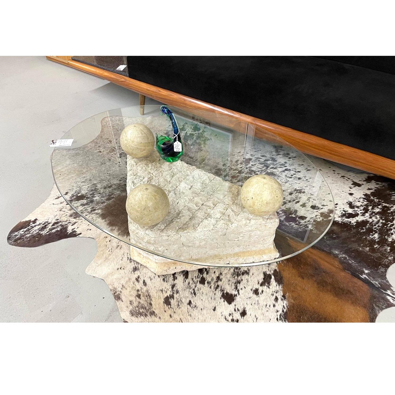 Late 20th Century Maitland Smith Style Mactan Tessellated Stone Orb Pedestal Coffee Table