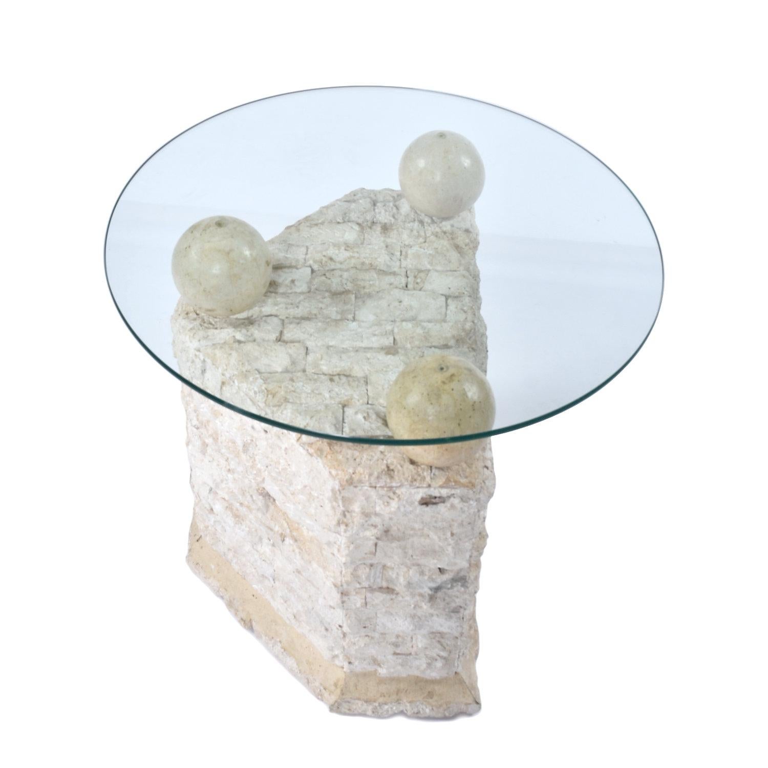 Philippine Maitland Smith Style Mactan Tessellated Stone Orb Pedestal End Tables For Sale