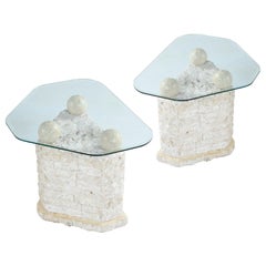 Maitland Smith Style Mactan Tessellated Stone Orb Pedestal End Tables