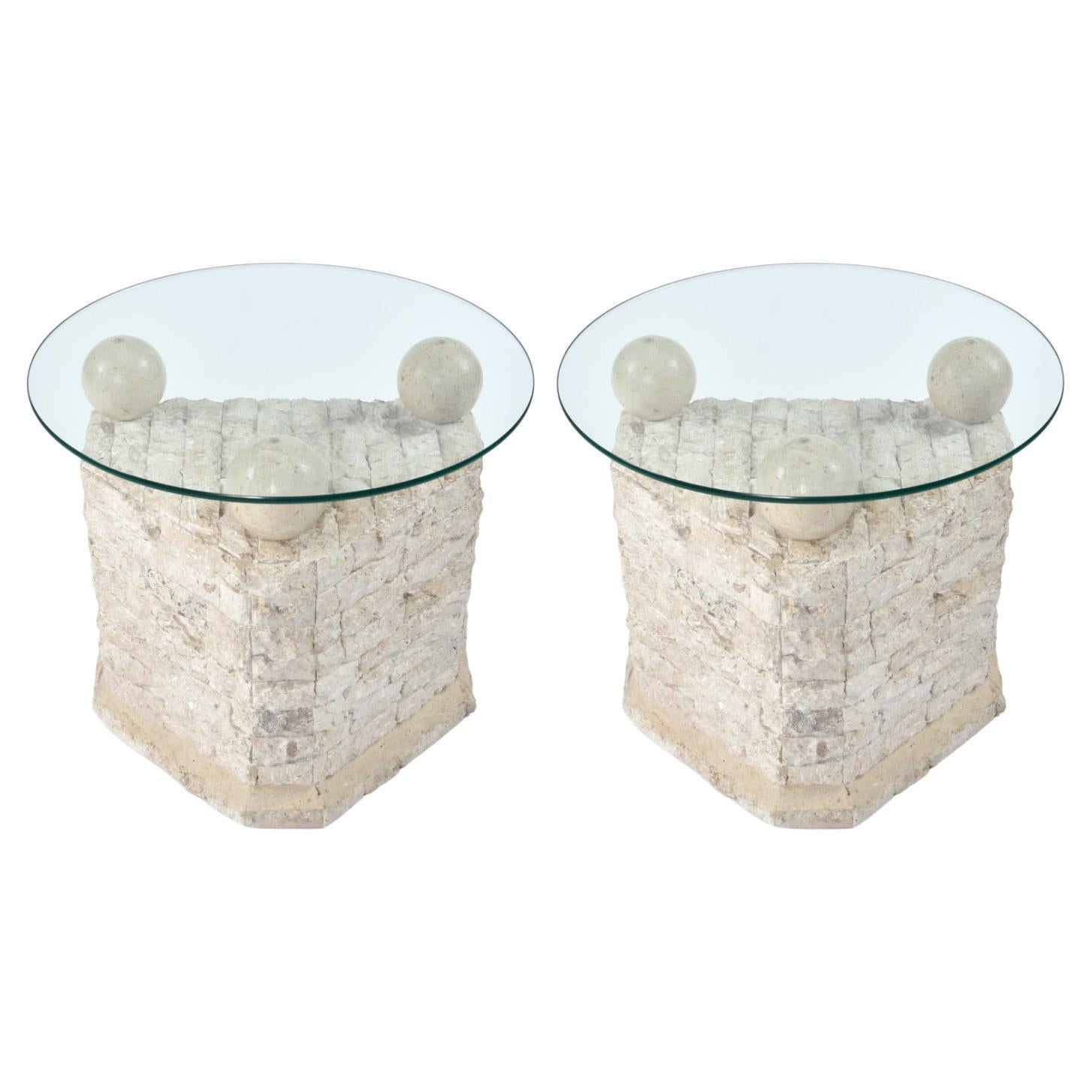 Maitland Smith Style Mactan Tessellated Stone Orb Pedestal End Tables
