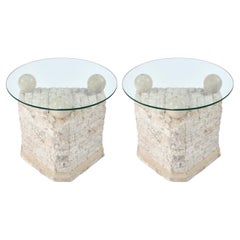 Maitland Smith Style Mactan Tessellated Stone Orb Pedestal End Tables