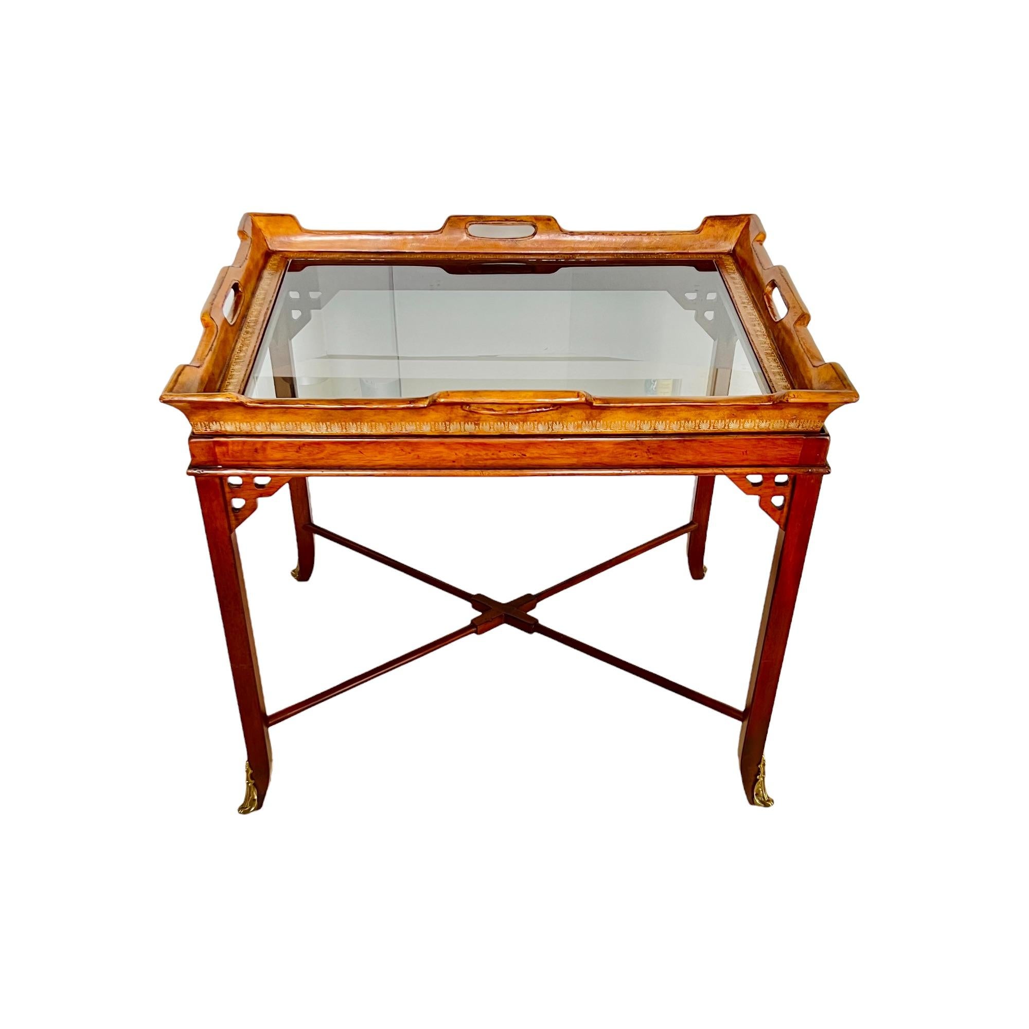 Regency Maitland-Smith Style Mahogany Embossed Leather Glass Tray Table