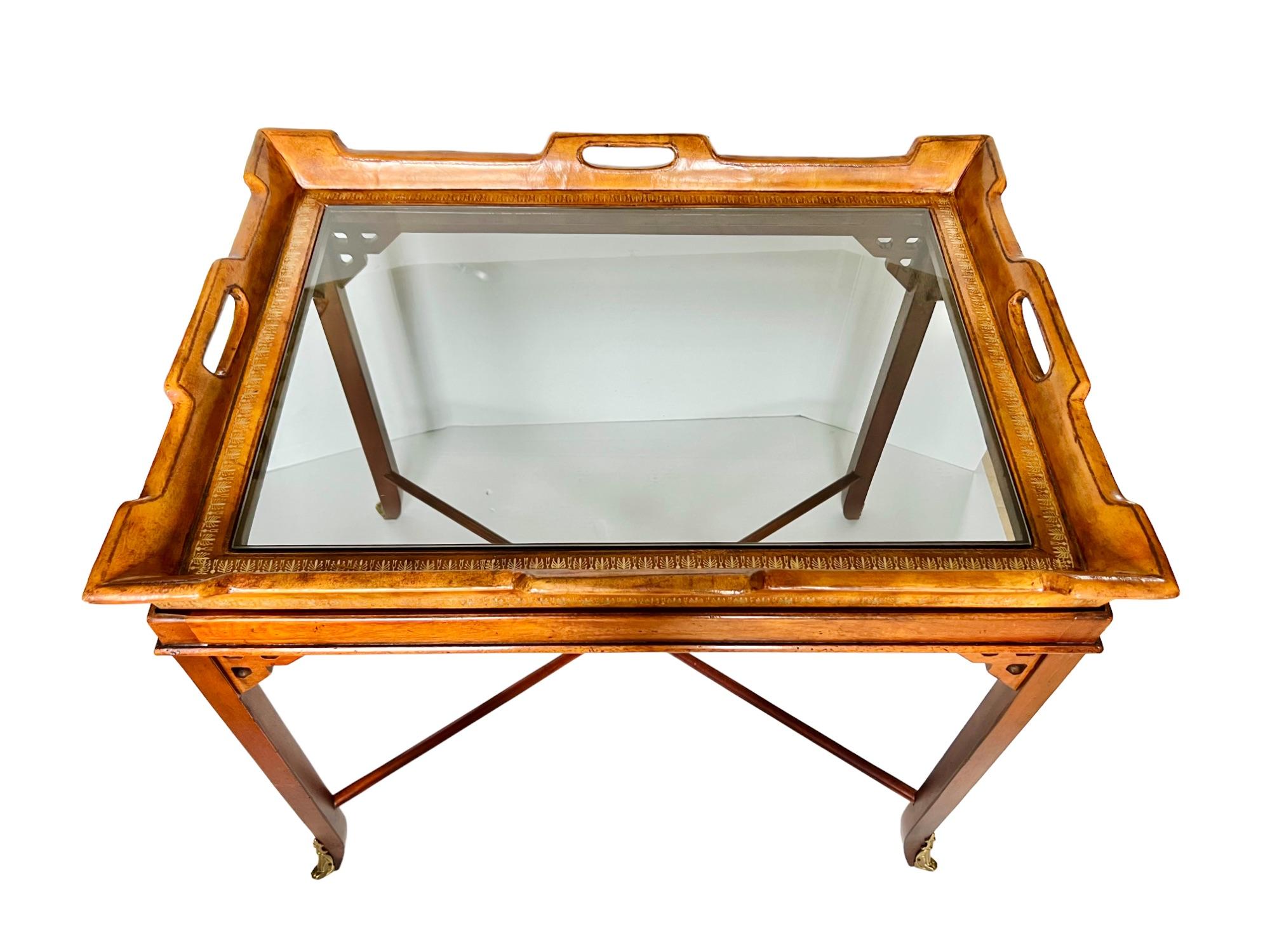 Carved Maitland-Smith Style Mahogany Embossed Leather Glass Tray Table